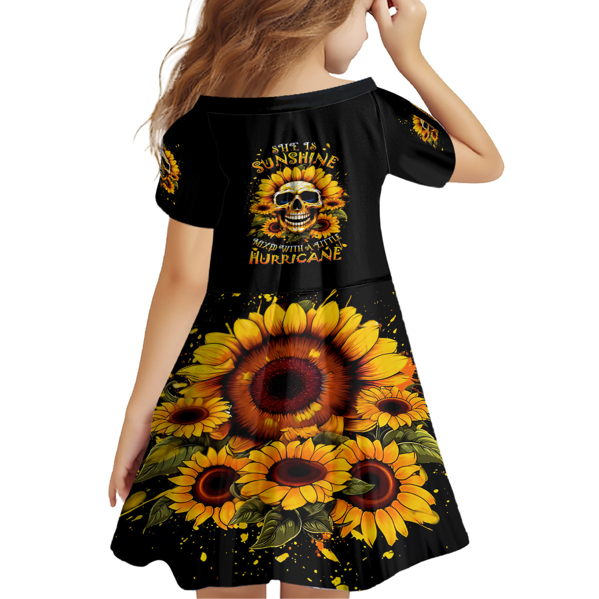 Sunflower Skull Family Matching Short Sleeve Bodycon Dress and Hawaiian Shirt She Is Sunshine Mixed With A Little Hurricance - Wonder Print Shop