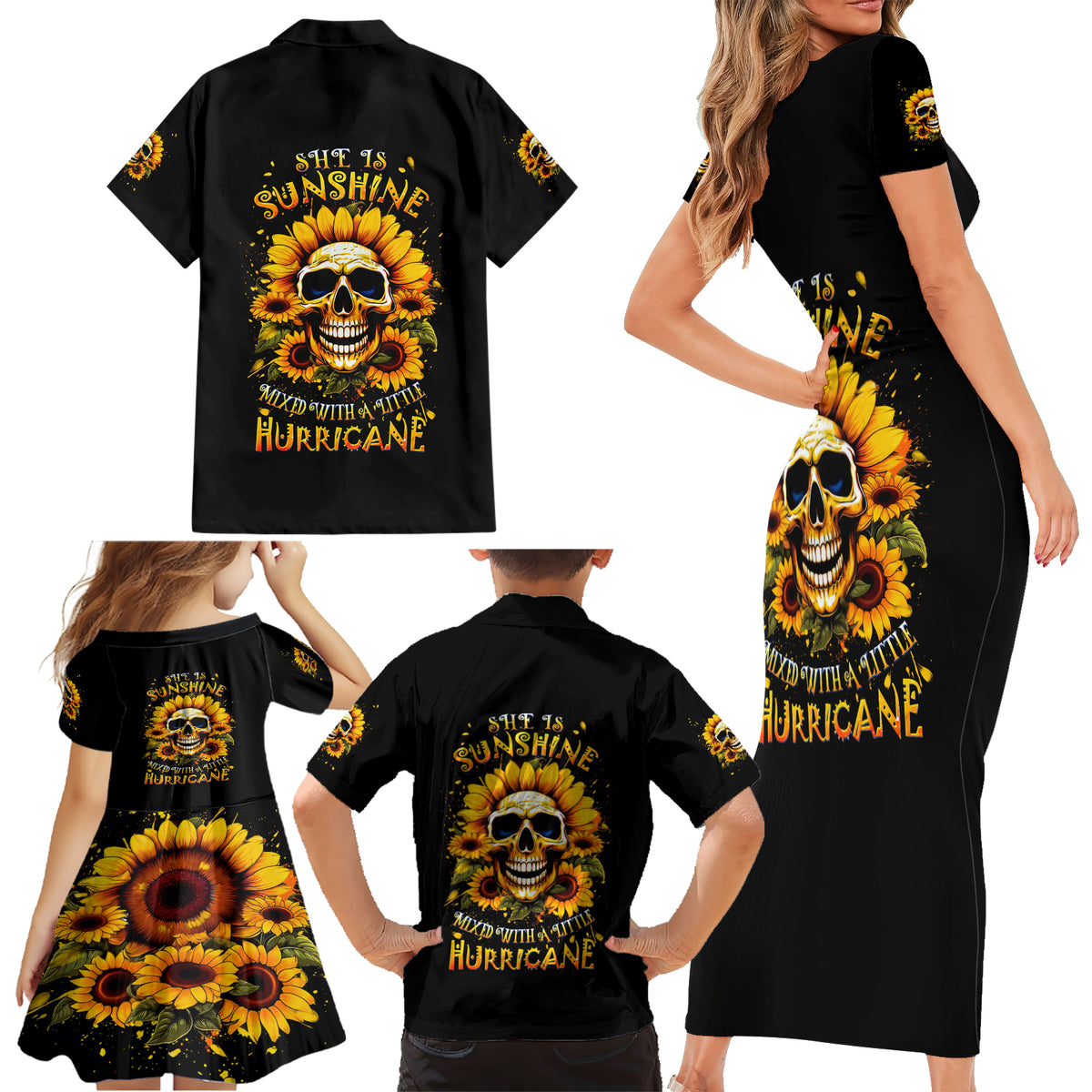 Sunflower Skull Family Matching Short Sleeve Bodycon Dress and Hawaiian Shirt She Is Sunshine Mixed With A Little Hurricance - Wonder Print Shop