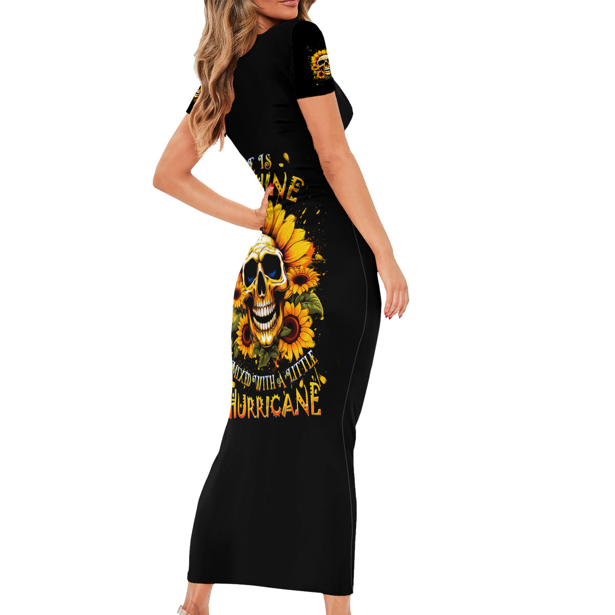 Sunflower Skull Family Matching Short Sleeve Bodycon Dress and Hawaiian Shirt She Is Sunshine Mixed With A Little Hurricance - Wonder Print Shop