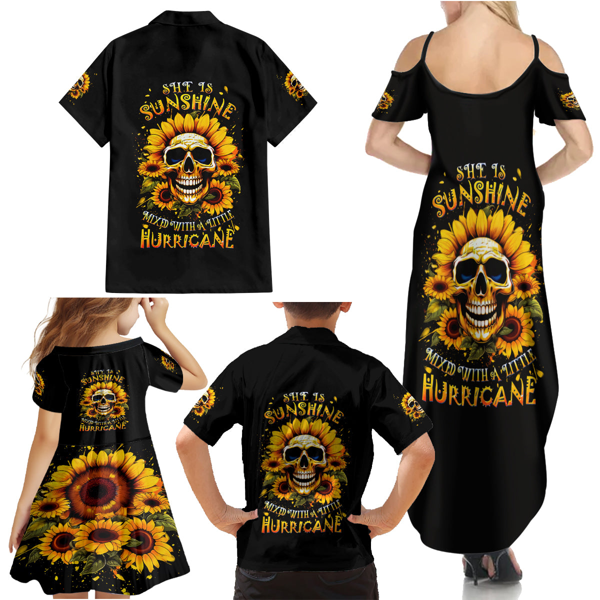 Sunflower Skull Family Matching Summer Maxi Dress and Hawaiian Shirt She Is Sunshine Mixed With A Little Hurricance - Wonder Print Shop