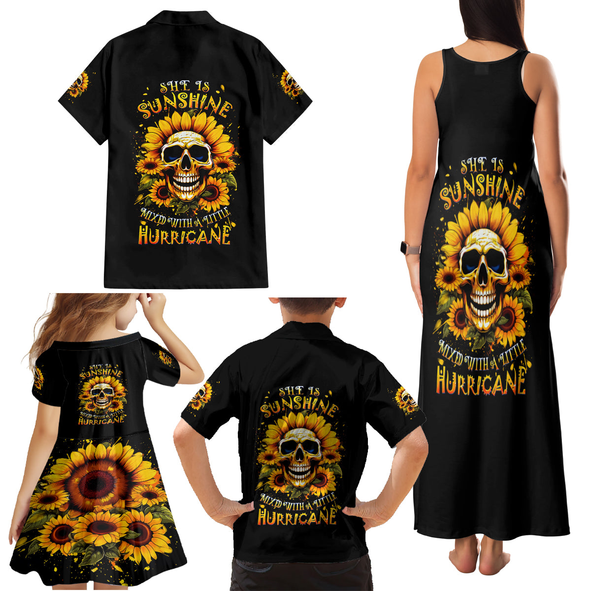Sunflower Skull Family Matching Tank Maxi Dress and Hawaiian Shirt She Is Sunshine Mixed With A Little Hurricance - Wonder Print Shop