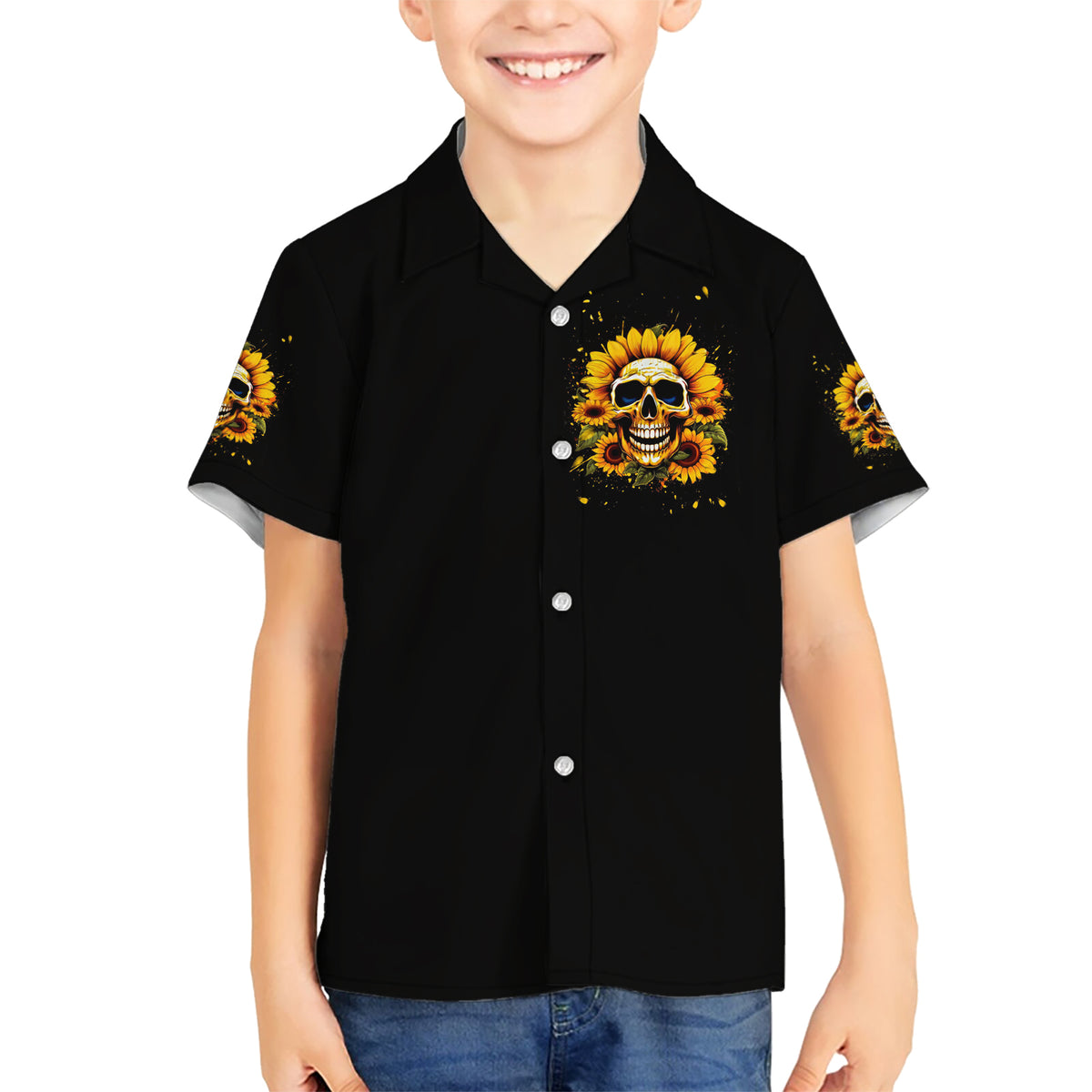 Sunflower Skull Kid Hawaiian Shirt She Is Sunshine Mixed With A Little Hurricance - Wonder Print Shop
