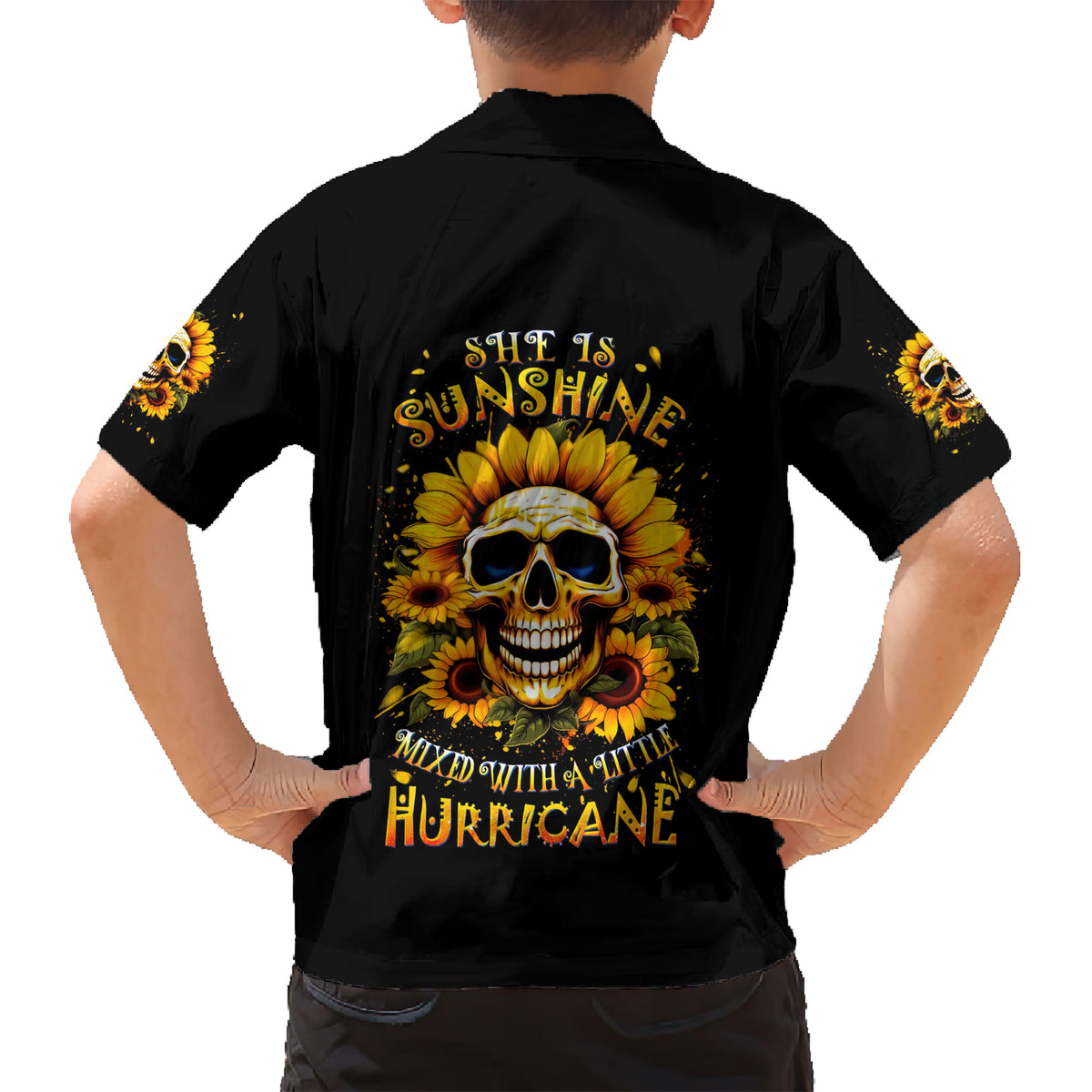 Sunflower Skull Kid Hawaiian Shirt She Is Sunshine Mixed With A Little Hurricance - Wonder Print Shop