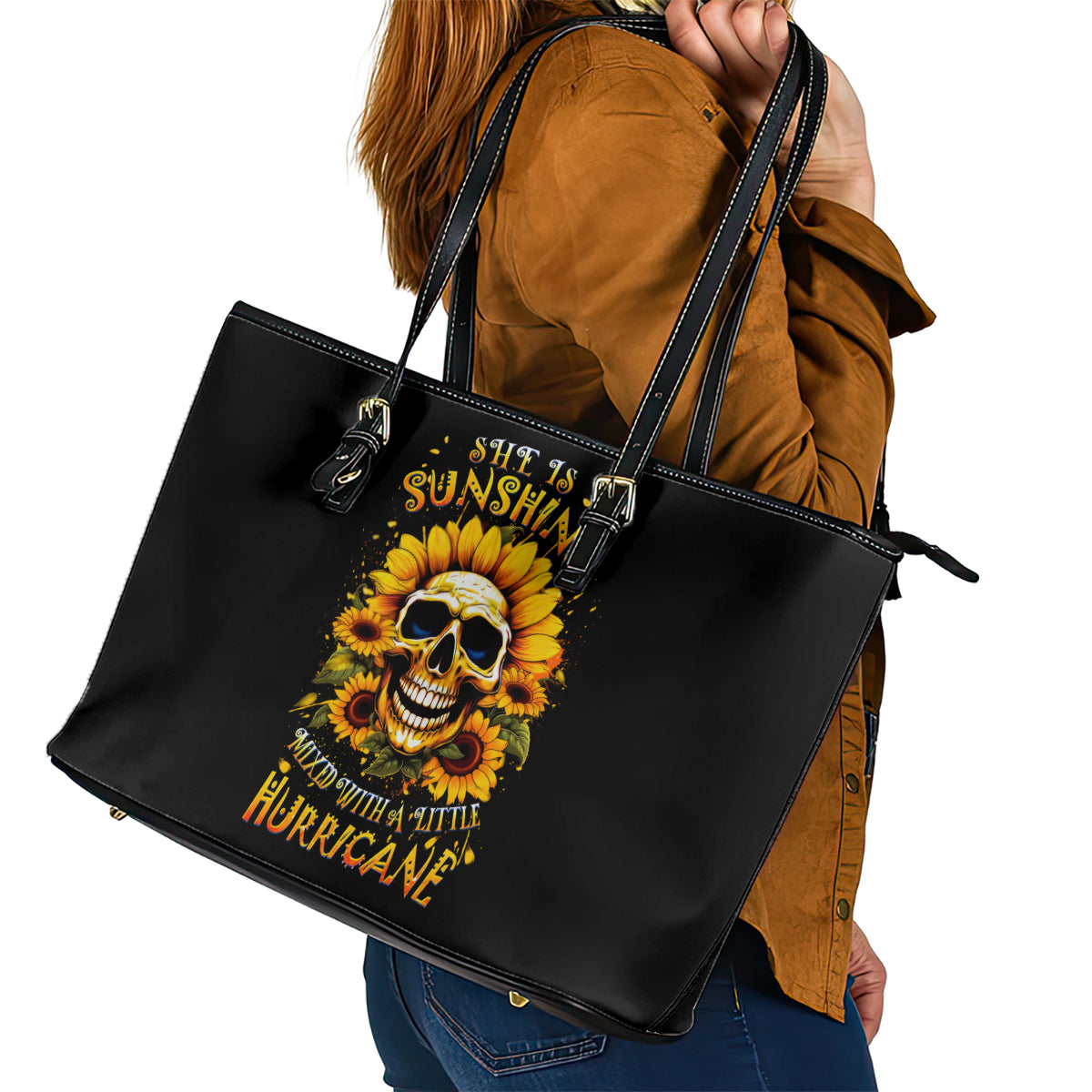 Sunflower Skull Leather Tote Bag She Is Sunshine Mixed With A Little Hurricance - Wonder Print Shop
