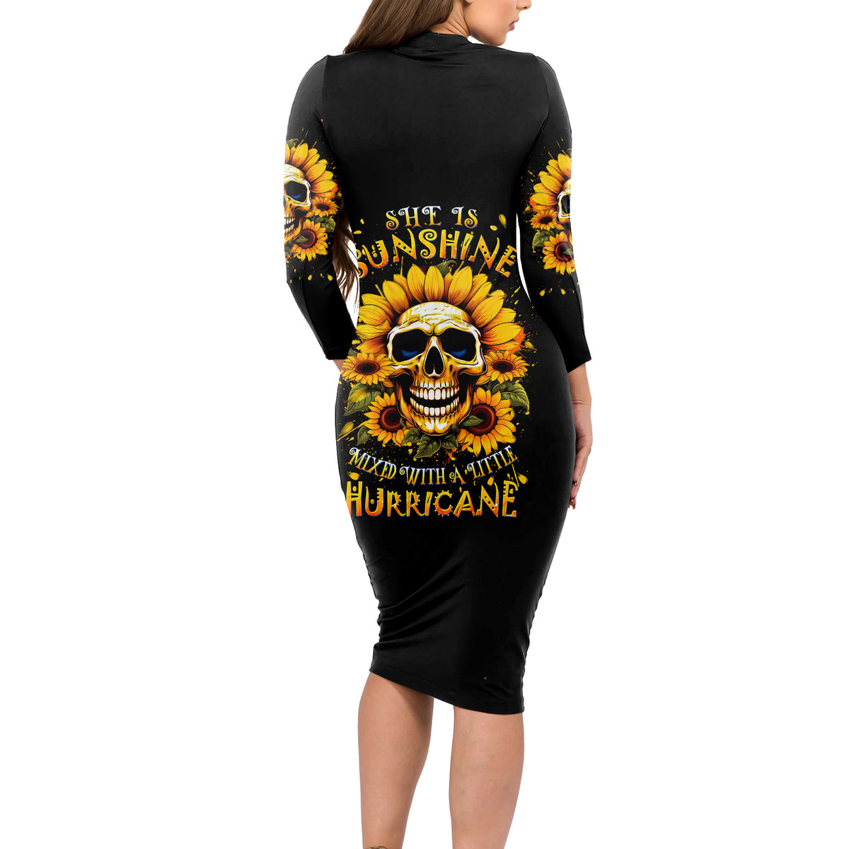 Sunflower Skull Long Sleeve Bodycon Dress She Is Sunshine Mixed With A Little Hurricance - Wonder Print Shop