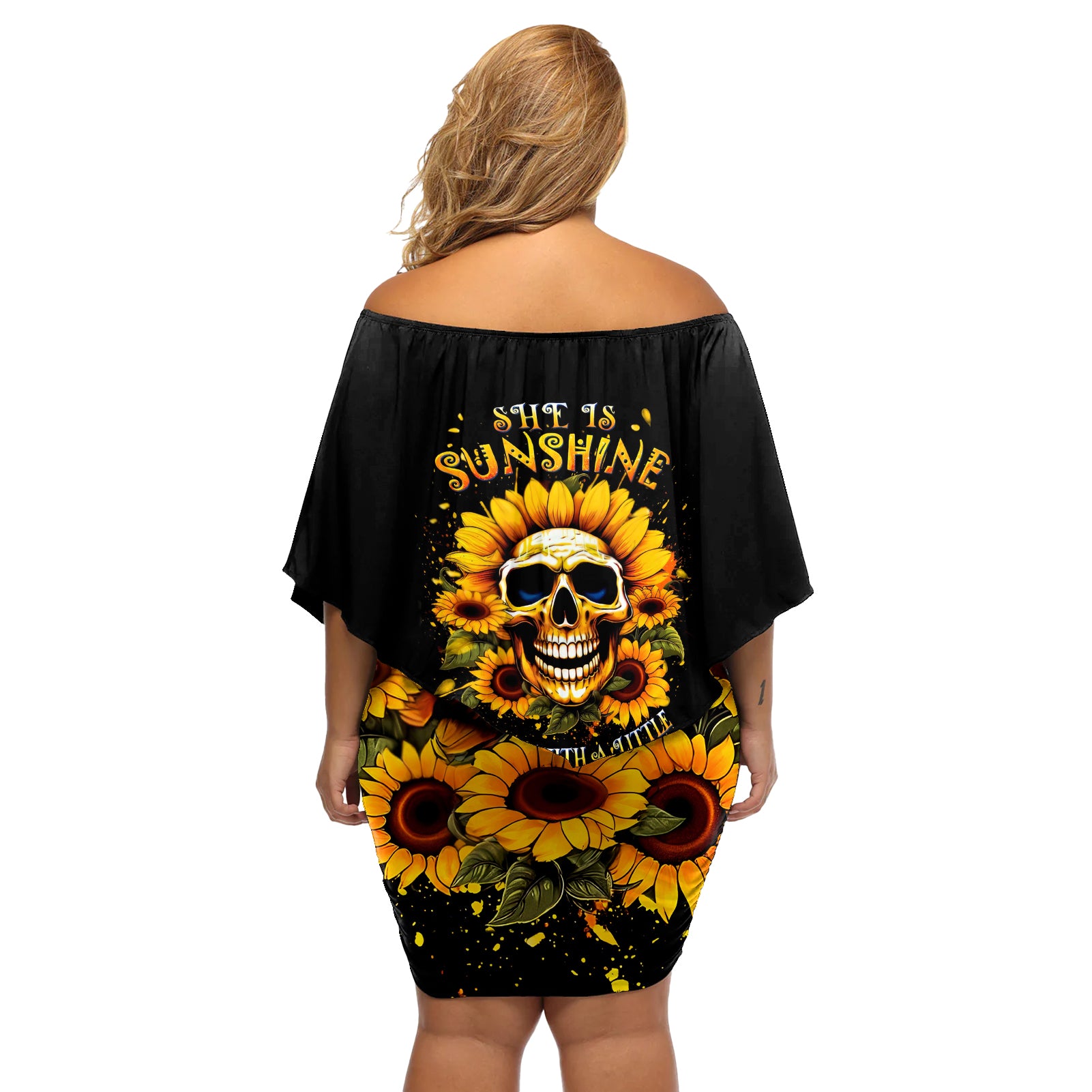 Sunflower Skull Off Shoulder Short Dress She Is Sunshine Mixed With A Little Hurricance - Wonder Print Shop