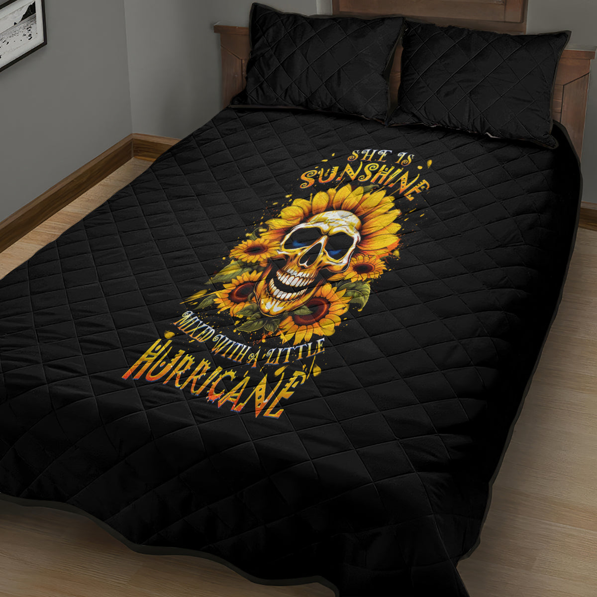 Sunflower Skull Quilt Bed Set She Is Sunshine Mixed With A Little Hurricance - Wonder Print Shop