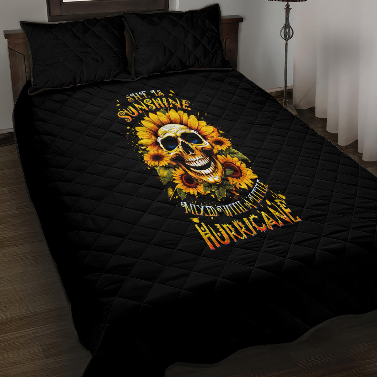 Sunflower Skull Quilt Bed Set She Is Sunshine Mixed With A Little Hurricance - Wonder Print Shop