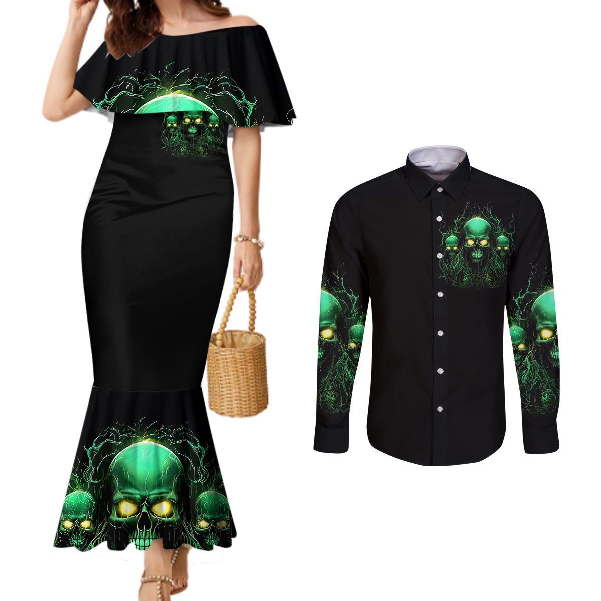 Thnder Skull Couples Matching Mermaid Dress and Long Sleeve Button Shirt One Day I Gonna Just Say F It All DT01