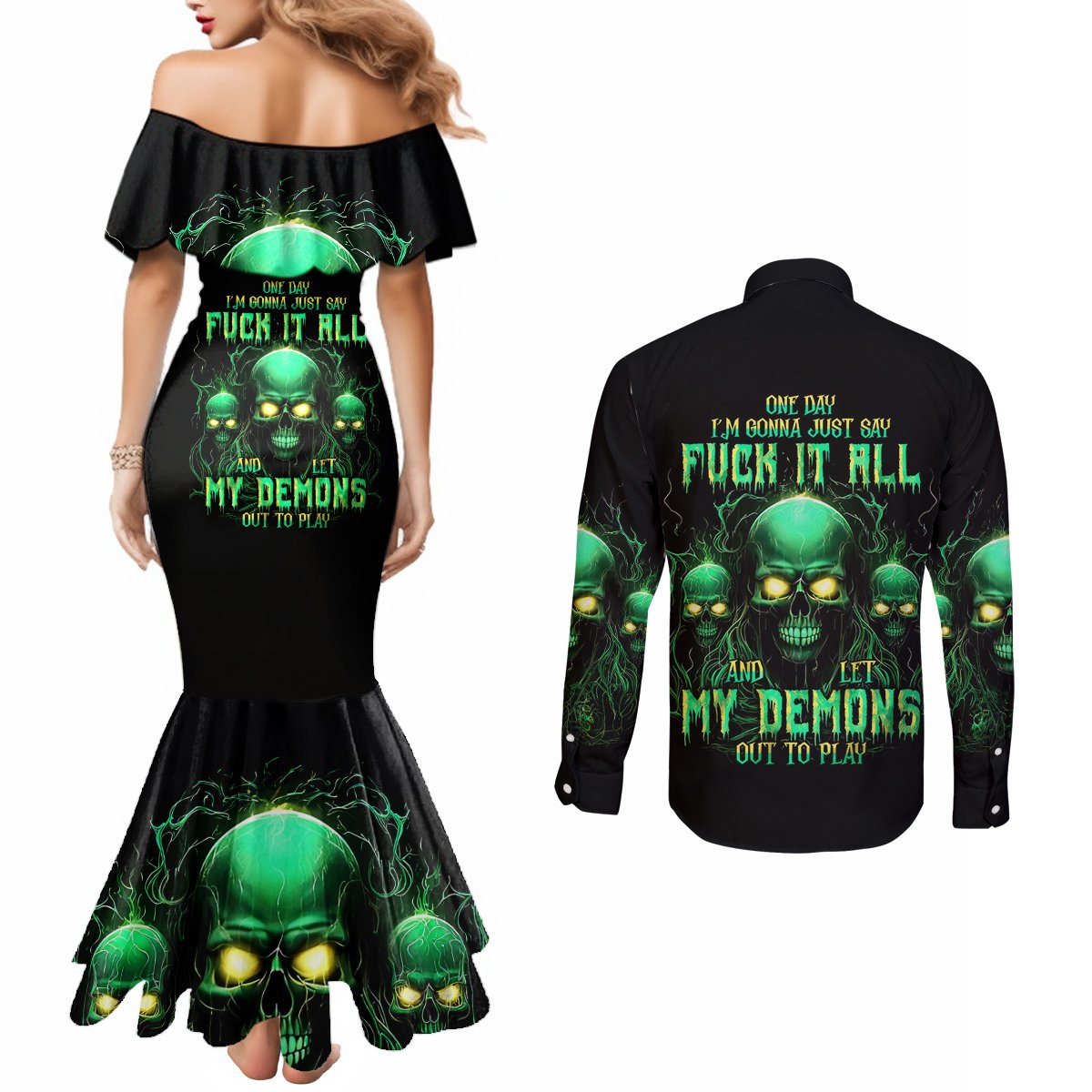 Thnder Skull Couples Matching Mermaid Dress and Long Sleeve Button Shirt One Day I Gonna Just Say F It All DT01