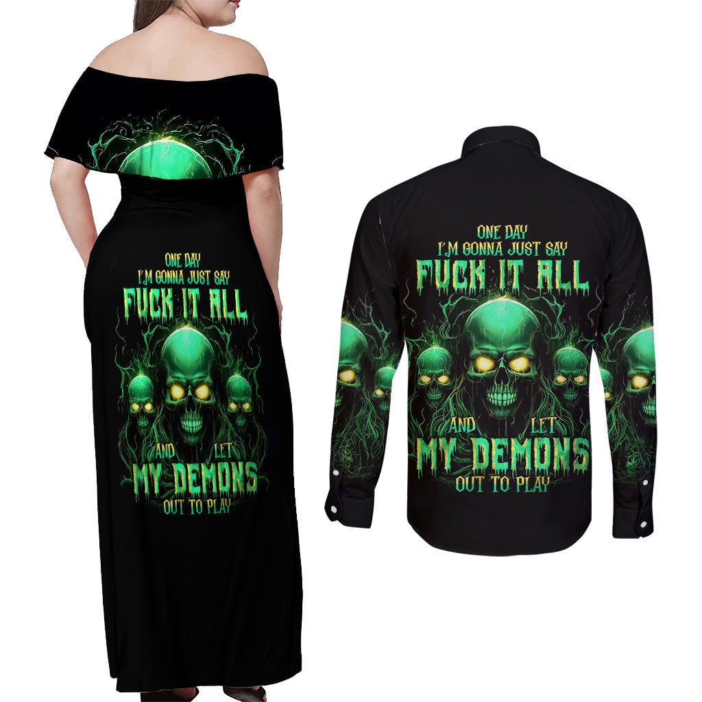 Thnder Skull Couples Matching Off Shoulder Maxi Dress and Long Sleeve Button Shirt One Day I Gonna Just Say F It All - Wonder Print Shop