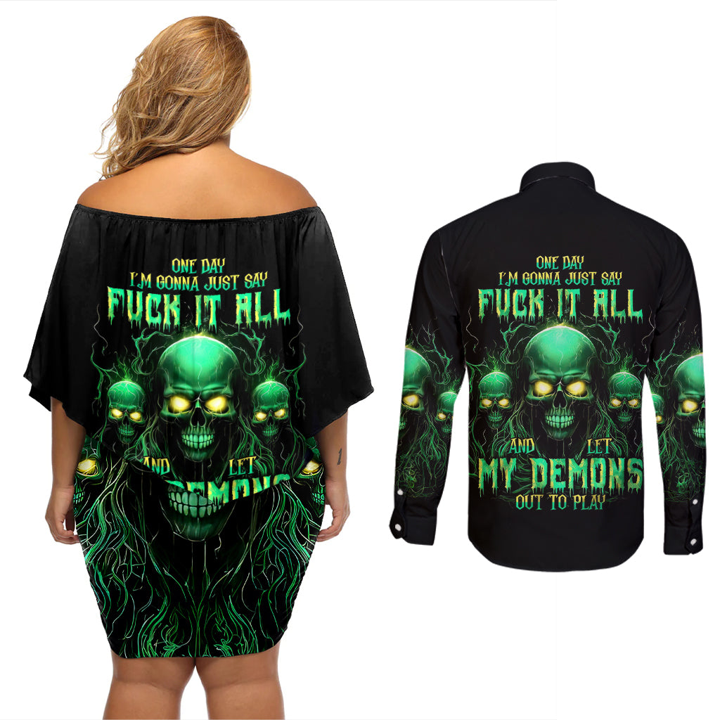 Thnder Skull Couples Matching Off Shoulder Short Dress and Long Sleeve Button Shirt One Day I Gonna Just Say F It All - Wonder Print Shop