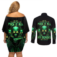 Thnder Skull Couples Matching Off Shoulder Short Dress and Long Sleeve Button Shirt One Day I Gonna Just Say F It All - Wonder Print Shop