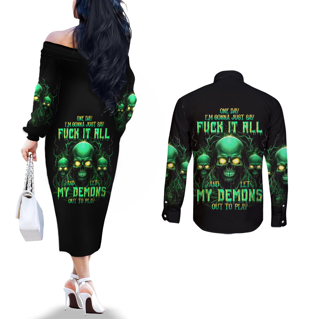 Thnder Skull Couples Matching Off The Shoulder Long Sleeve Dress and Long Sleeve Button Shirt One Day I Gonna Just Say F It All DT01