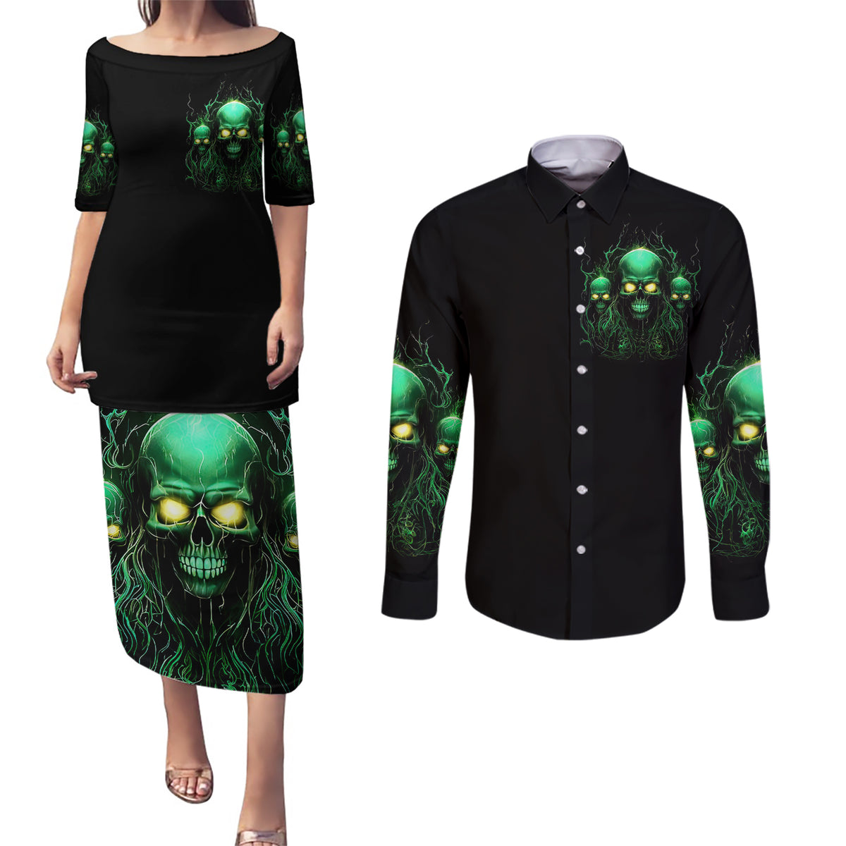 Thnder Skull Couples Matching Puletasi Dress and Long Sleeve Button Shirt One Day I Gonna Just Say F It All - Wonder Print Shop