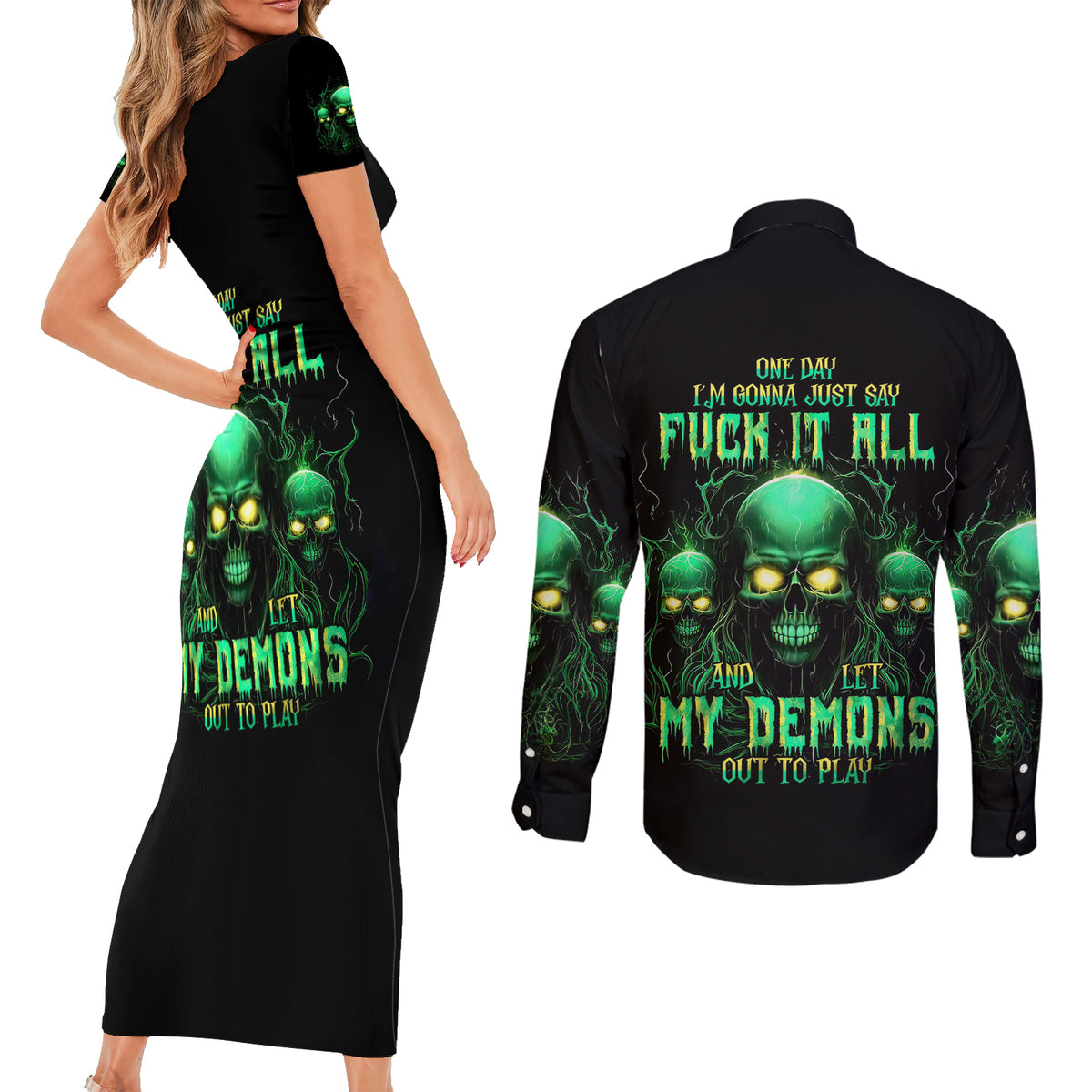 Thnder Skull Couples Matching Short Sleeve Bodycon Dress and Long Sleeve Button Shirt One Day I Gonna Just Say F It All - Wonder Print Shop