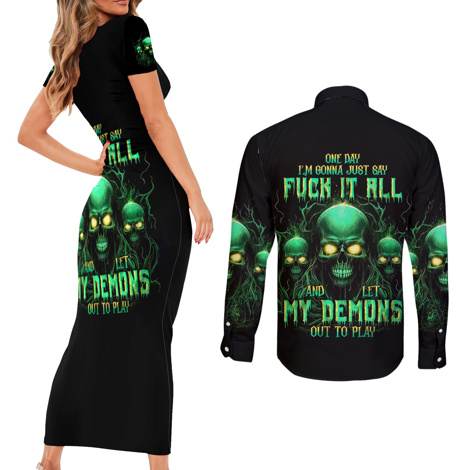 Thnder Skull Couples Matching Short Sleeve Bodycon Dress and Long Sleeve Button Shirt One Day I Gonna Just Say F It All - Wonder Print Shop
