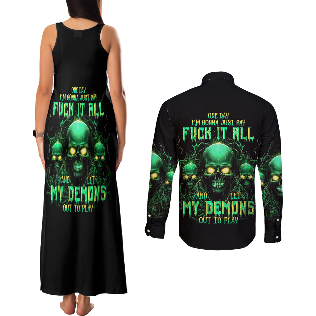 Thnder Skull Couples Matching Tank Maxi Dress and Long Sleeve Button Shirt One Day I Gonna Just Say F It All - Wonder Print Shop