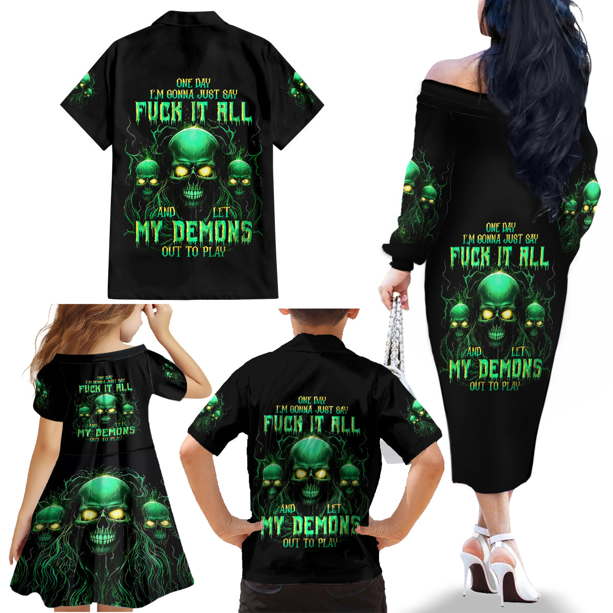 Thnder Skull Family Matching Off Shoulder Long Sleeve Dress and Hawaiian Shirt One Day I Gonna Just Say F It All - Wonder Print Shop