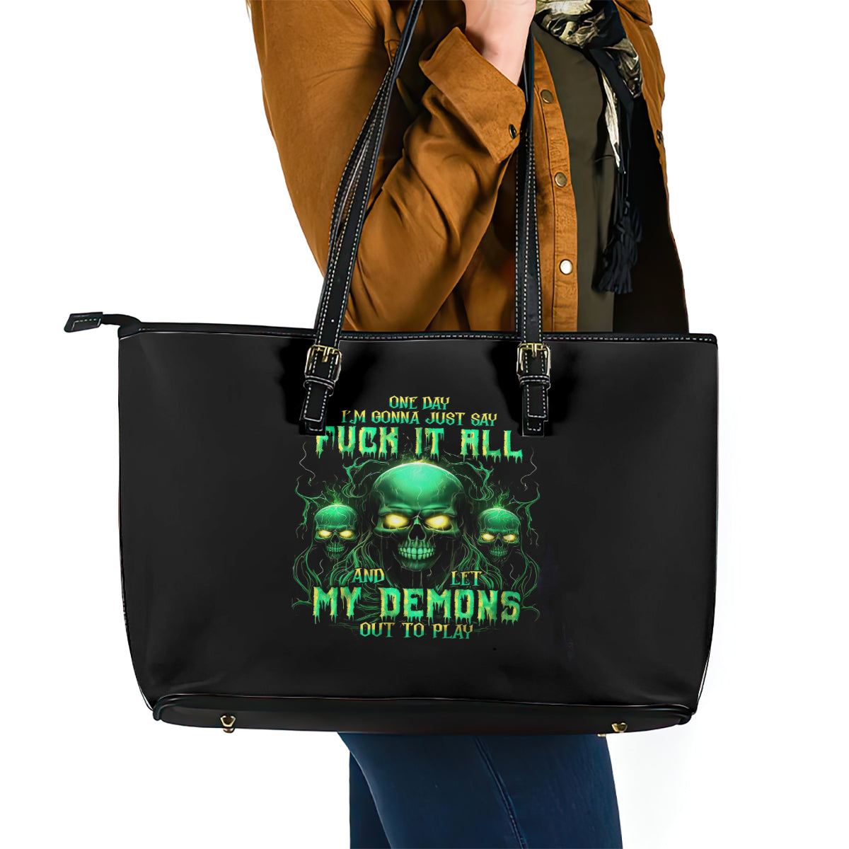Thnder Skull Leather Tote Bag One Day I Gonna Just Say F It All - Wonder Print Shop