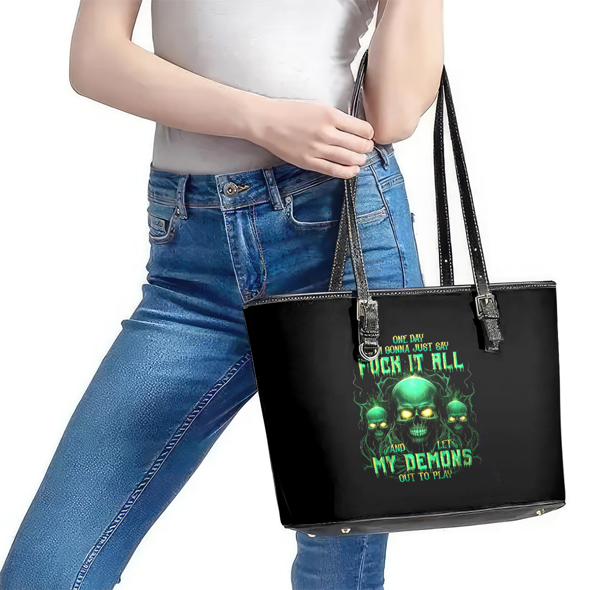 Thnder Skull Leather Tote Bag One Day I Gonna Just Say F It All - Wonder Print Shop
