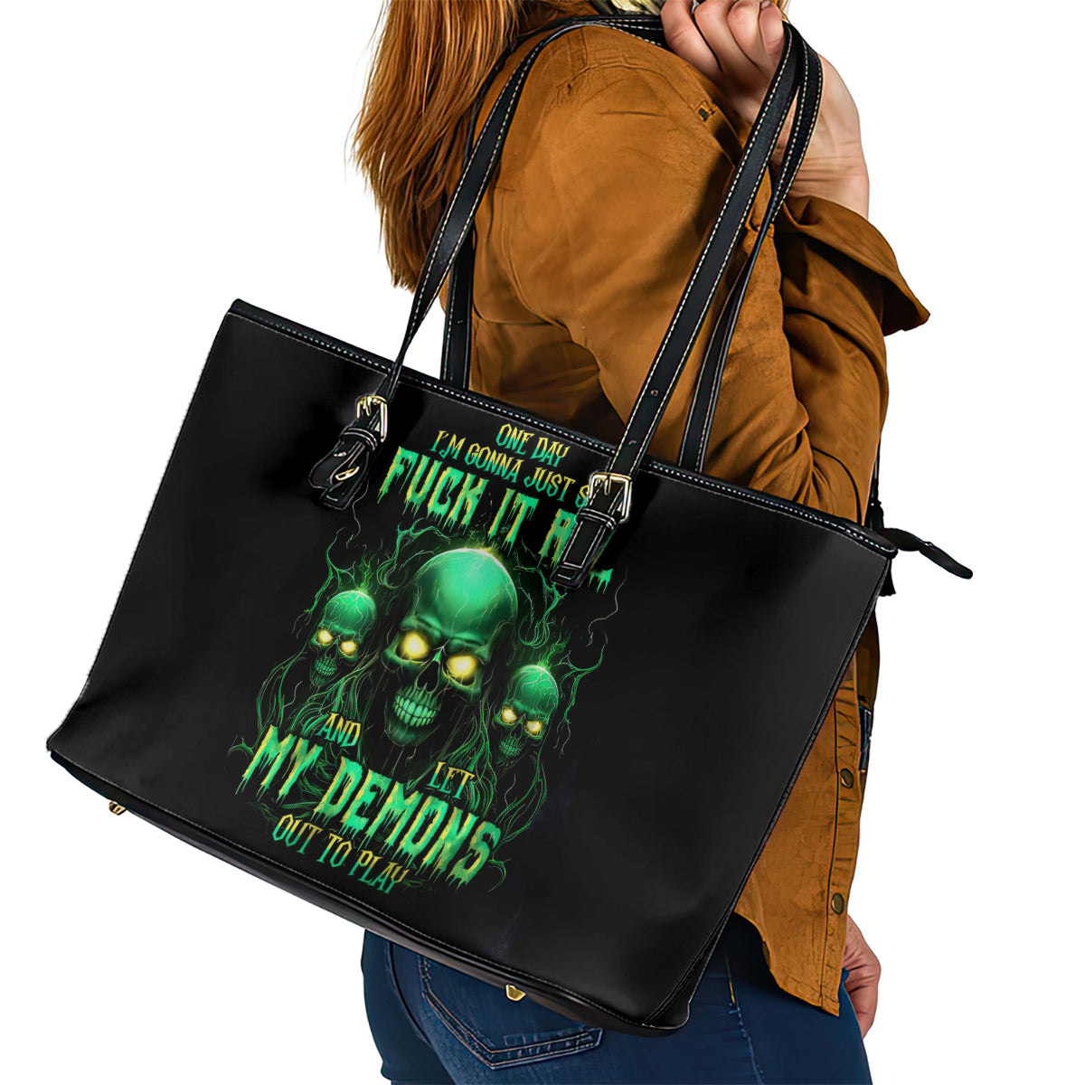 Thnder Skull Leather Tote Bag One Day I Gonna Just Say F It All - Wonder Print Shop