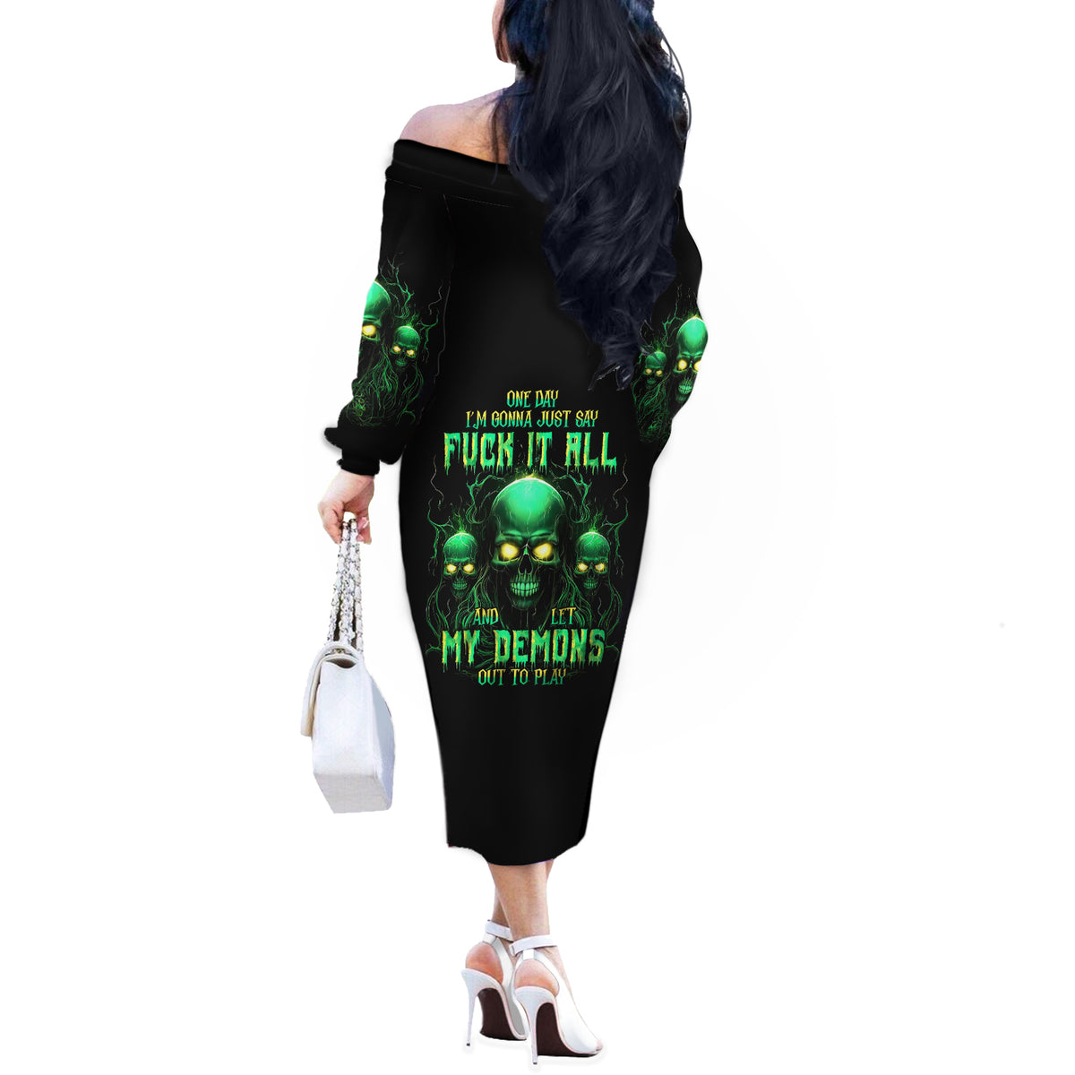 Thnder Skull Off The Shoulder Long Sleeve Dress One Day I Gonna Just Say F It All - Wonder Print Shop