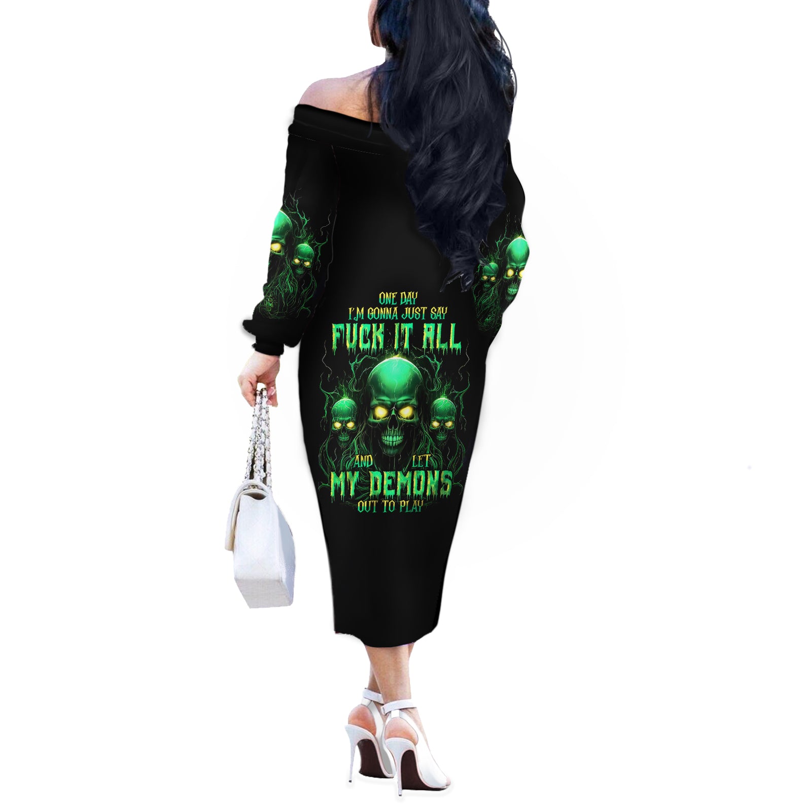 Thnder Skull Off The Shoulder Long Sleeve Dress One Day I Gonna Just Say F It All - Wonder Print Shop