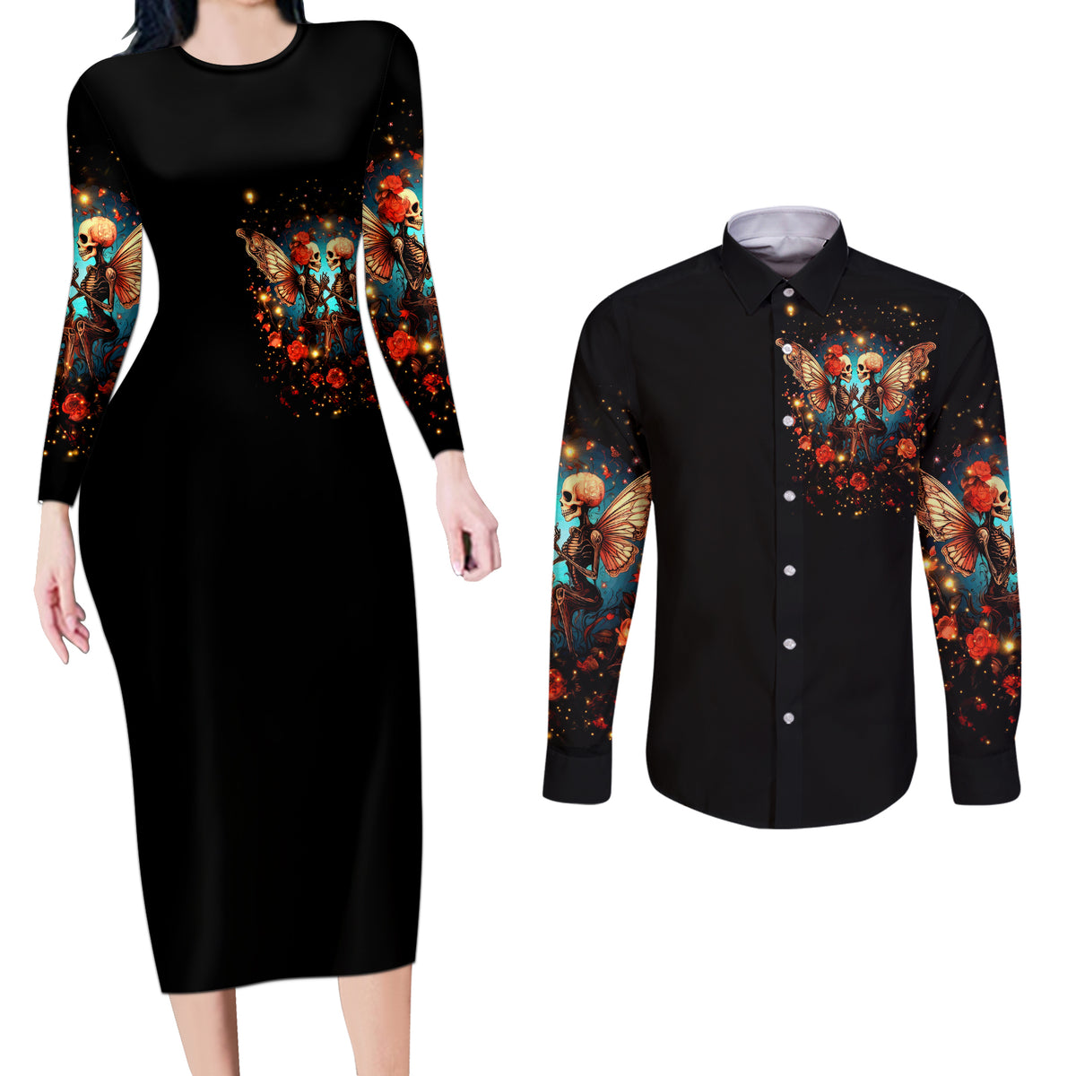 Couple Skull Couples Matching Long Sleeve Bodycon Dress and Long Sleeve Button Shirt From Our First Kiss Till Our Last Breath - Wonder Print Shop