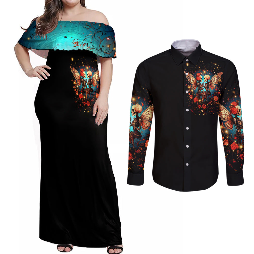 Couple Skull Couples Matching Off Shoulder Maxi Dress and Long Sleeve Button Shirt From Our First Kiss Till Our Last Breath - Wonder Print Shop