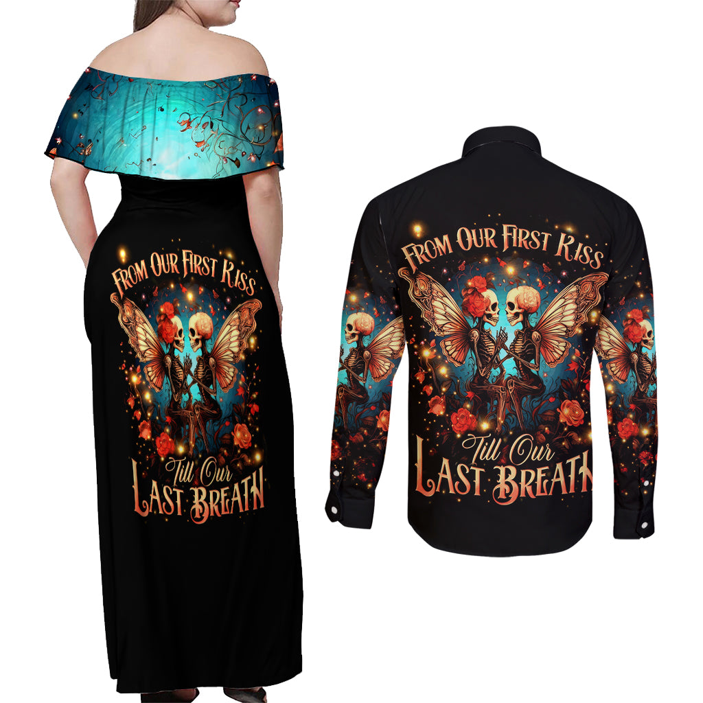 Couple Skull Couples Matching Off Shoulder Maxi Dress and Long Sleeve Button Shirt From Our First Kiss Till Our Last Breath - Wonder Print Shop