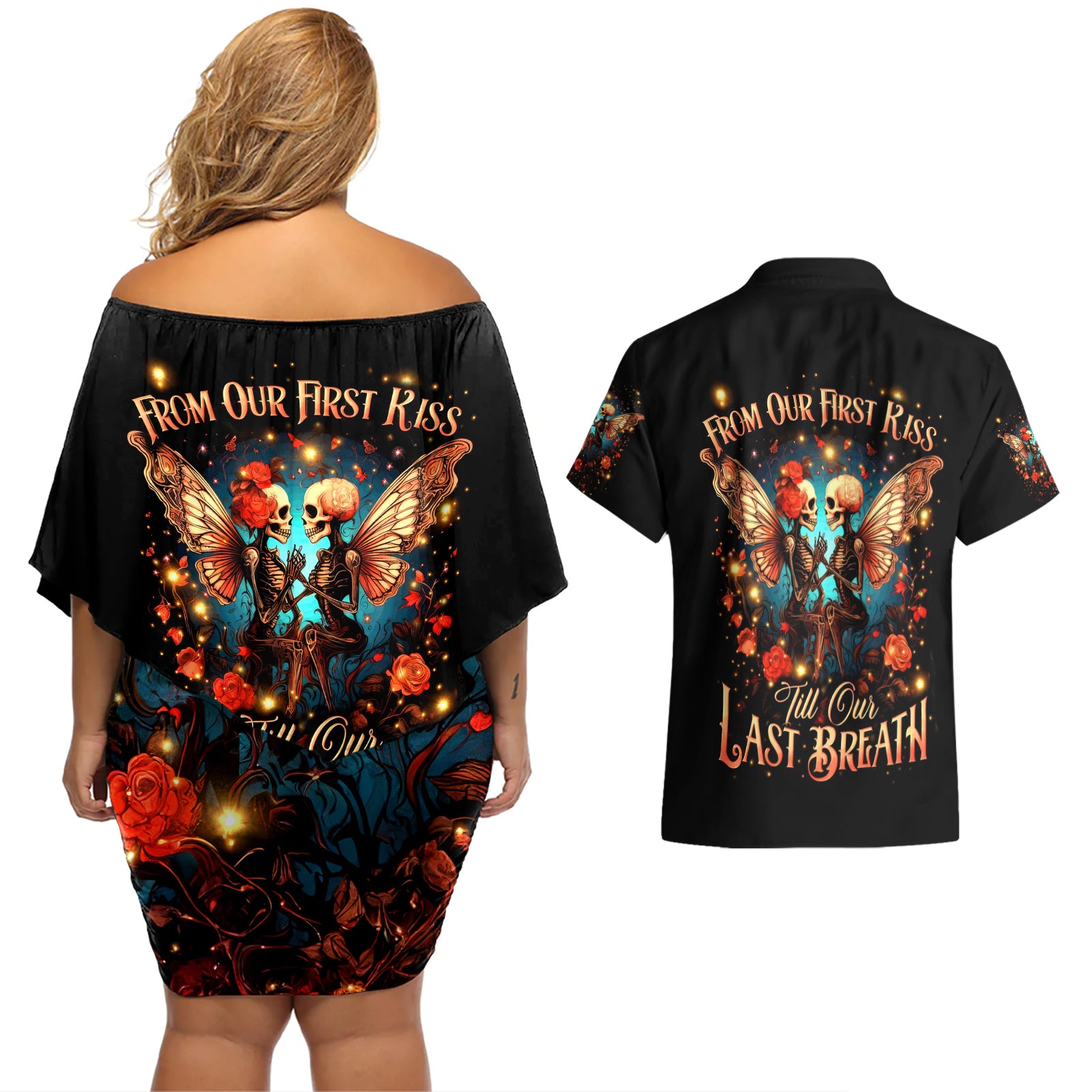 Couple Skull Couples Matching Off Shoulder Short Dress and Hawaiian Shirt From Our First Kiss Till Our Last Breath - Wonder Print Shop