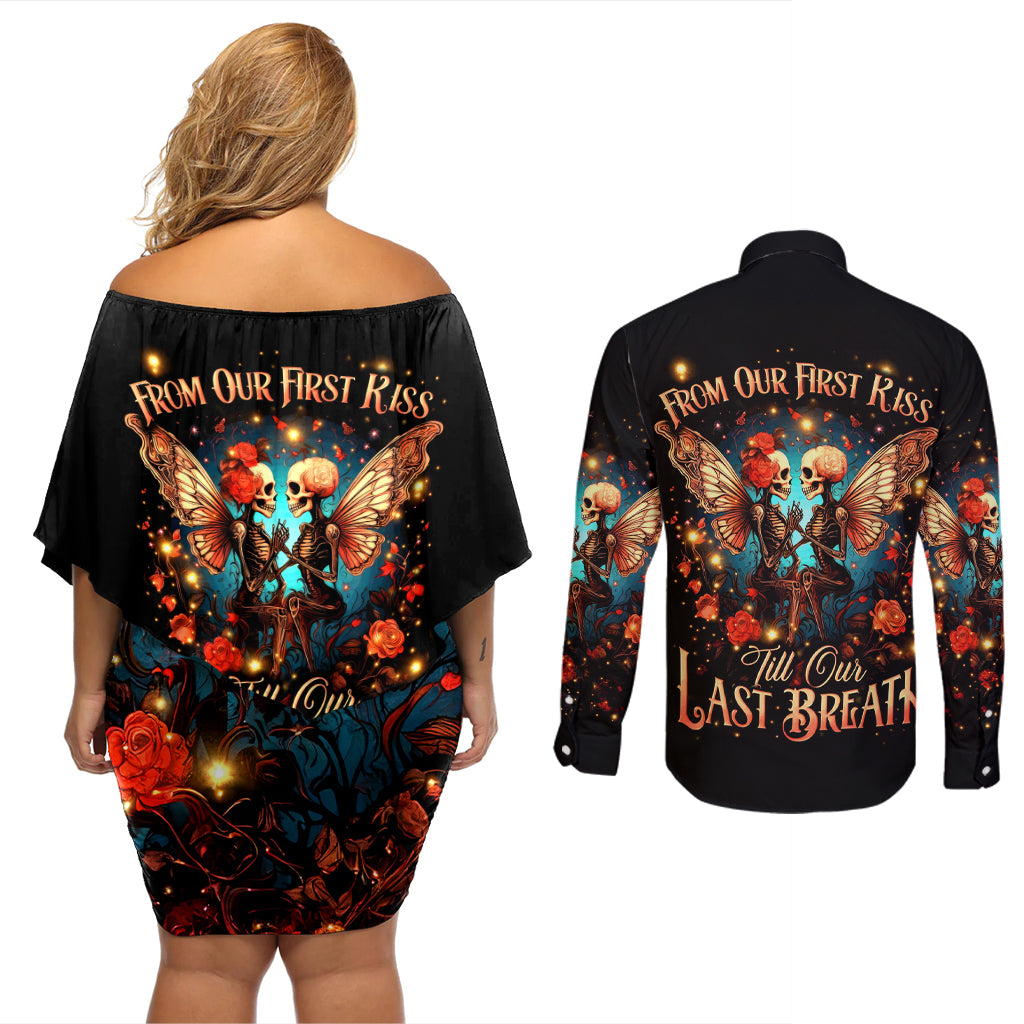 Couple Skull Couples Matching Off Shoulder Short Dress and Long Sleeve Button Shirt From Our First Kiss Till Our Last Breath - Wonder Print Shop