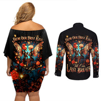 Couple Skull Couples Matching Off Shoulder Short Dress and Long Sleeve Button Shirt From Our First Kiss Till Our Last Breath - Wonder Print Shop