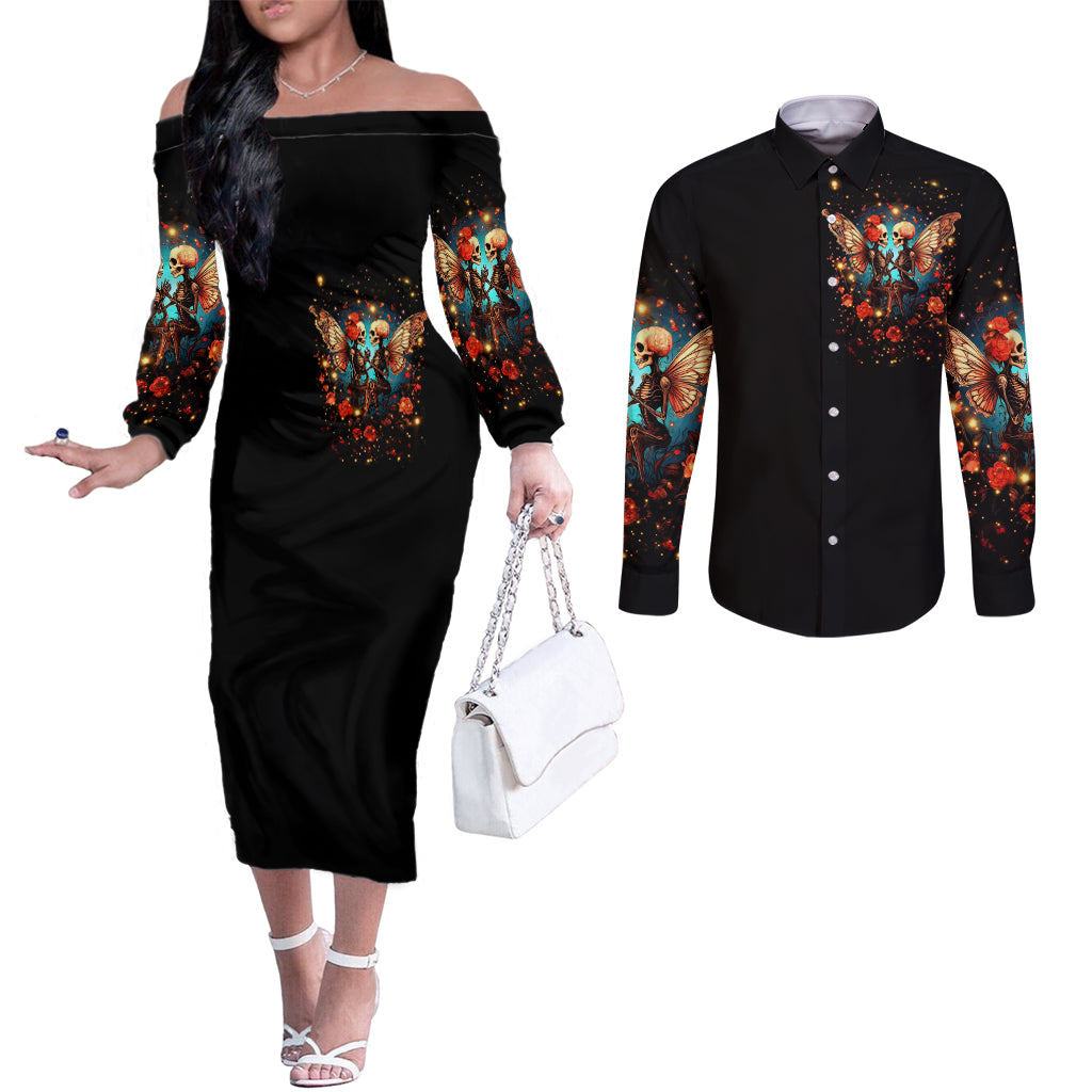 Couple Skull Couples Matching Off The Shoulder Long Sleeve Dress and Long Sleeve Button Shirt From Our First Kiss Till Our Last Breath DT01