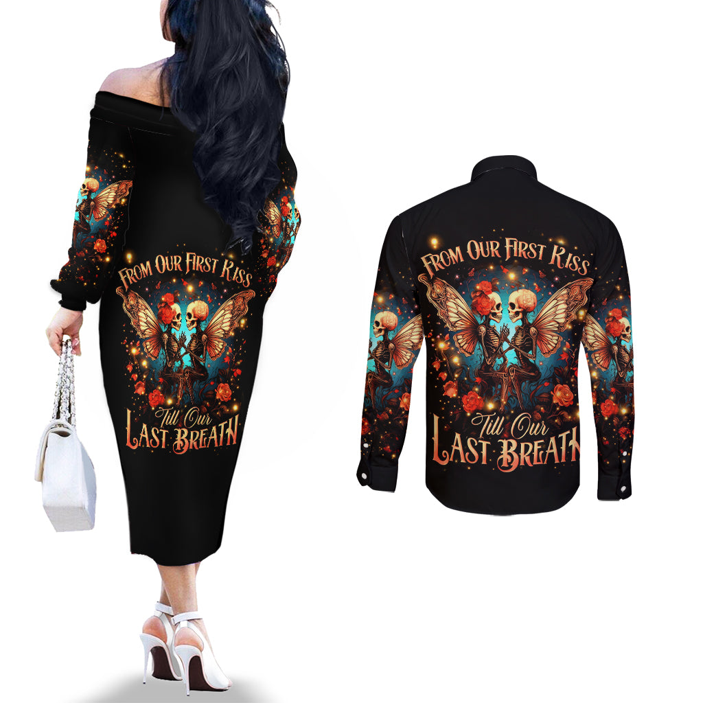 Couple Skull Couples Matching Off The Shoulder Long Sleeve Dress and Long Sleeve Button Shirt From Our First Kiss Till Our Last Breath DT01