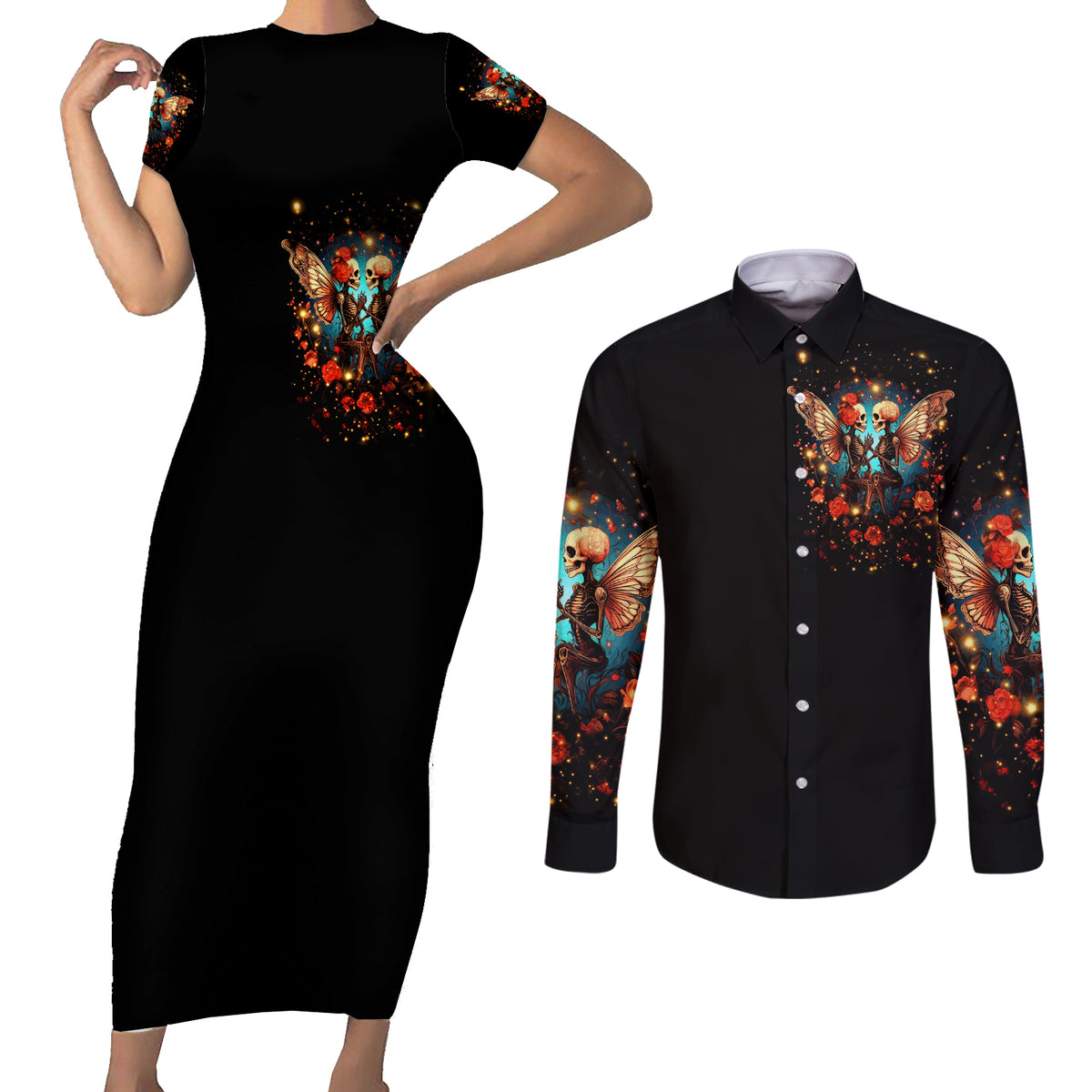 Couple Skull Couples Matching Short Sleeve Bodycon Dress and Long Sleeve Button Shirt From Our First Kiss Till Our Last Breath - Wonder Print Shop