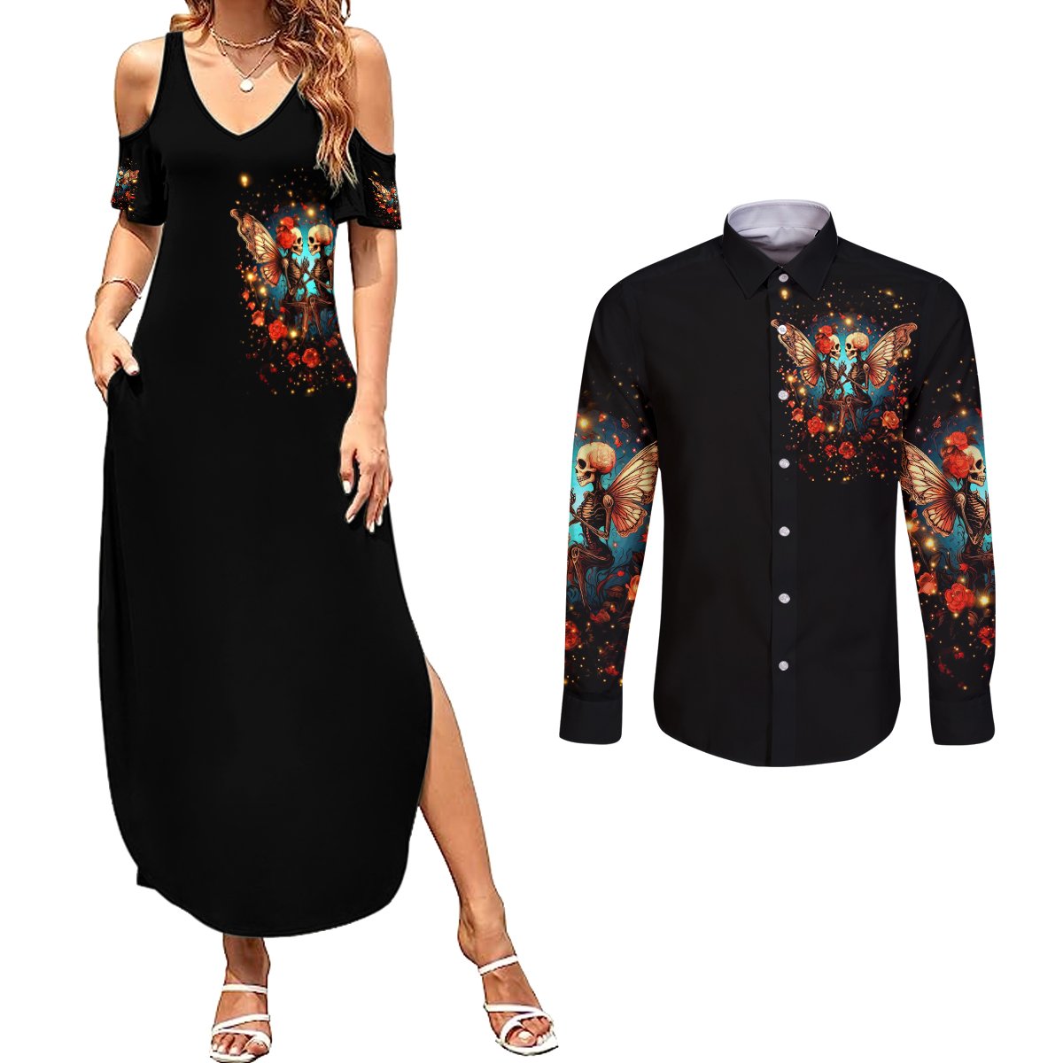 Couple Skull Couples Matching Summer Maxi Dress and Long Sleeve Button Shirt From Our First Kiss Till Our Last Breath - Wonder Print Shop