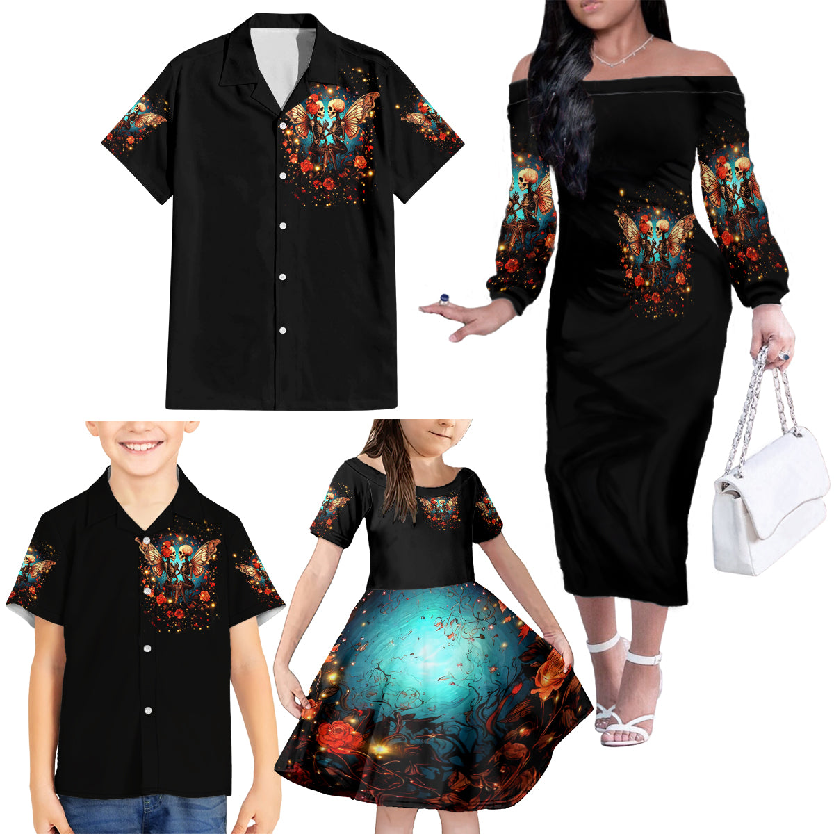 Couple Skull Family Matching Off Shoulder Long Sleeve Dress and Hawaiian Shirt From Our First Kiss Till Our Last Breath - Wonder Print Shop