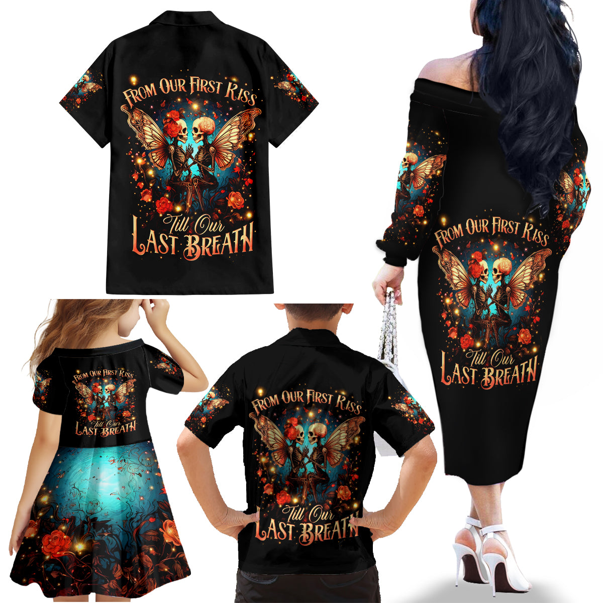 Couple Skull Family Matching Off Shoulder Long Sleeve Dress and Hawaiian Shirt From Our First Kiss Till Our Last Breath - Wonder Print Shop