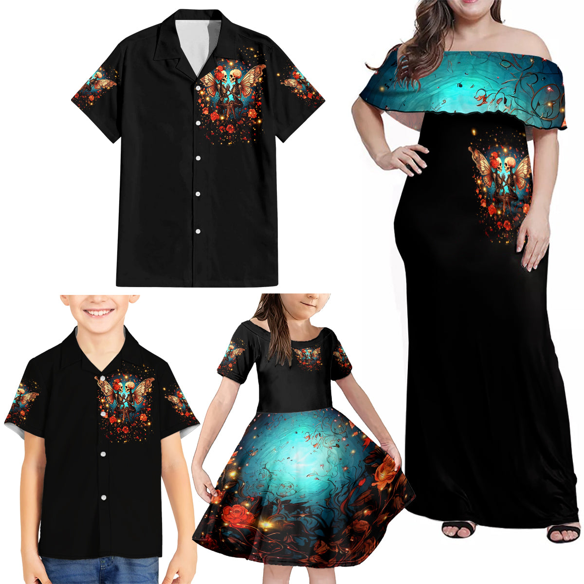 Couple Skull Family Matching Off Shoulder Maxi Dress and Hawaiian Shirt From Our First Kiss Till Our Last Breath - Wonder Print Shop