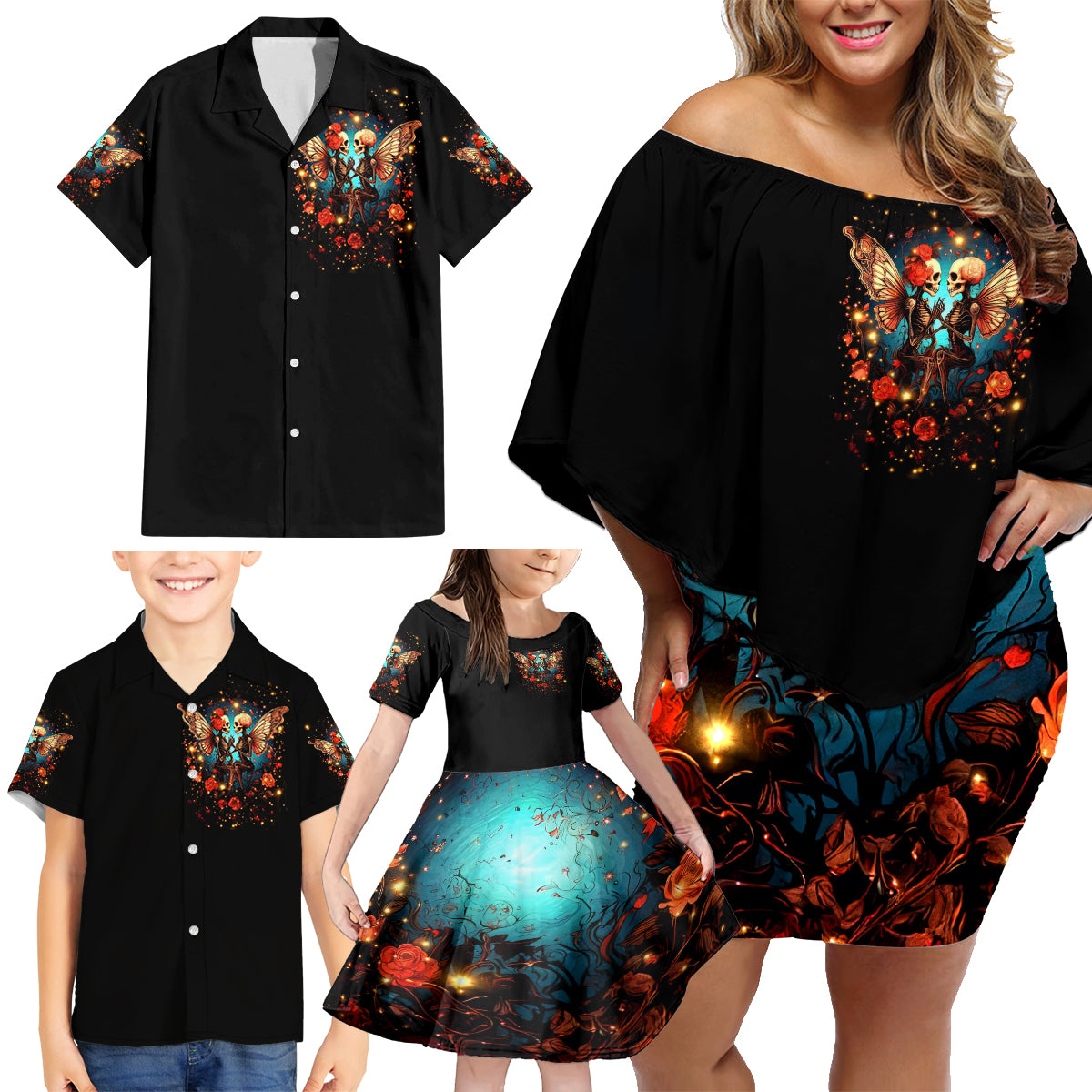 Couple Skull Family Matching Off Shoulder Short Dress and Hawaiian Shirt From Our First Kiss Till Our Last Breath - Wonder Print Shop