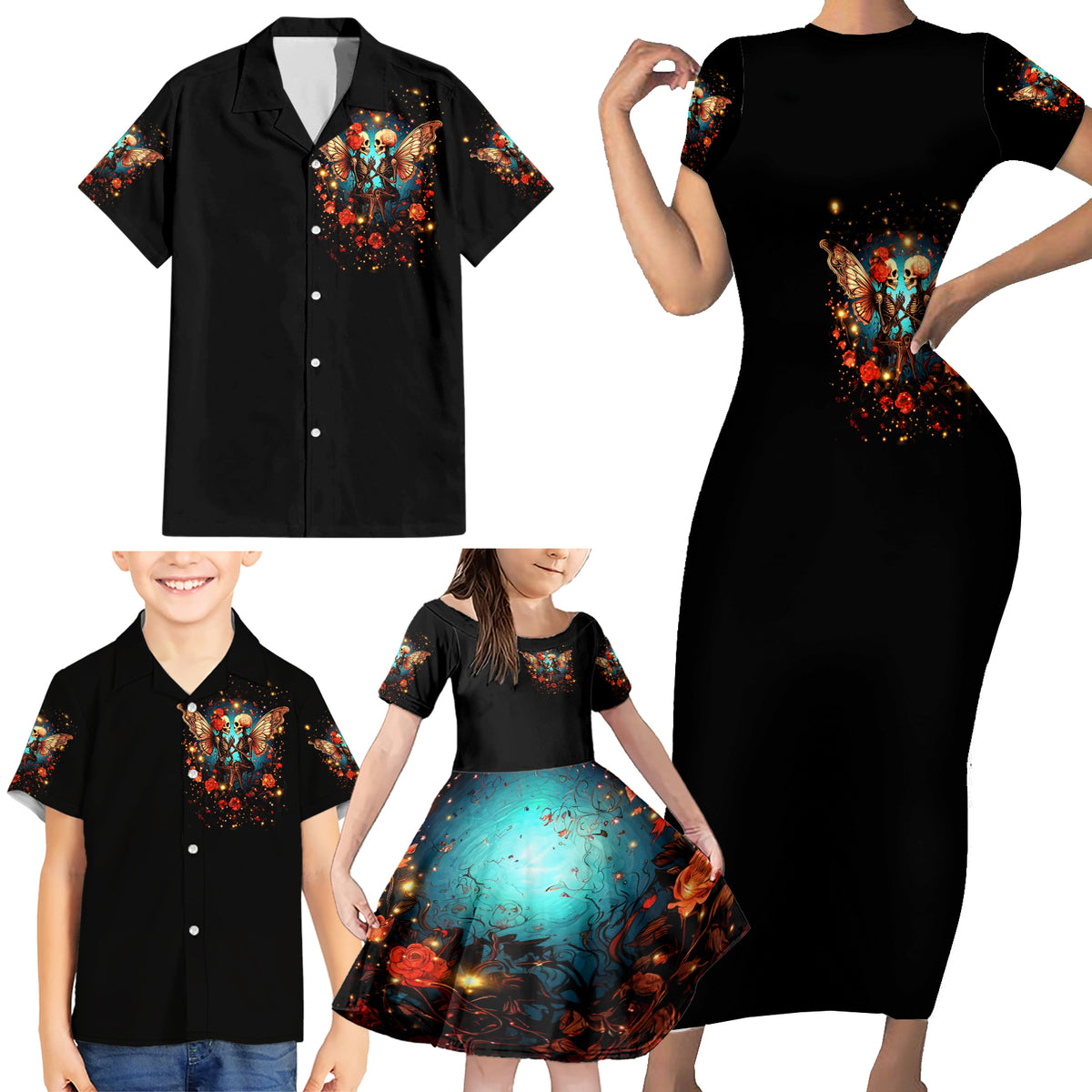 Couple Skull Family Matching Short Sleeve Bodycon Dress and Hawaiian Shirt From Our First Kiss Till Our Last Breath - Wonder Print Shop