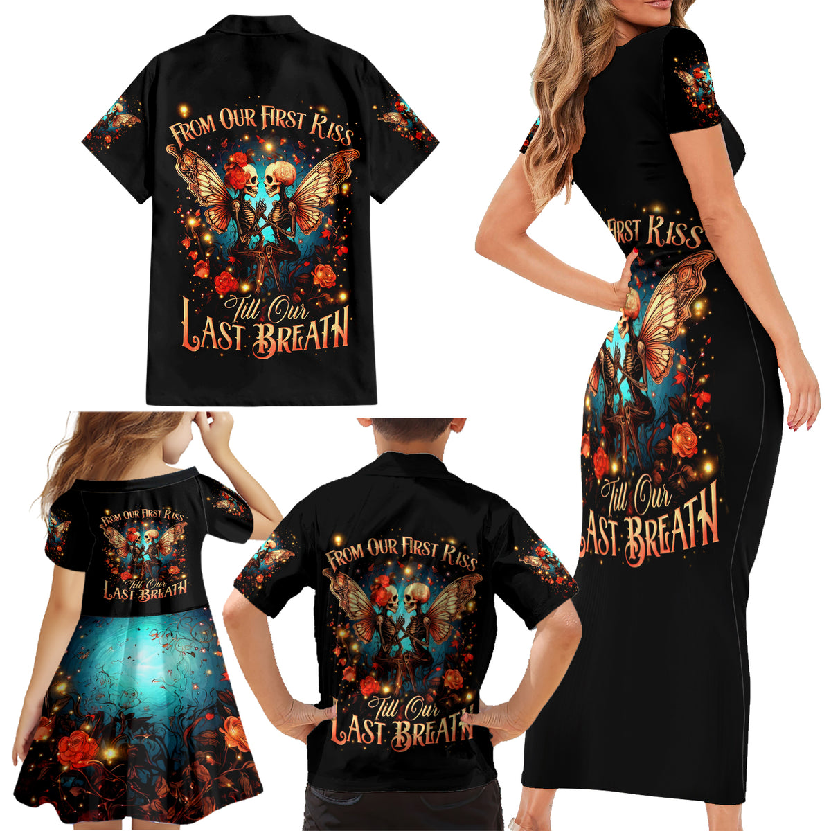 Couple Skull Family Matching Short Sleeve Bodycon Dress and Hawaiian Shirt From Our First Kiss Till Our Last Breath - Wonder Print Shop