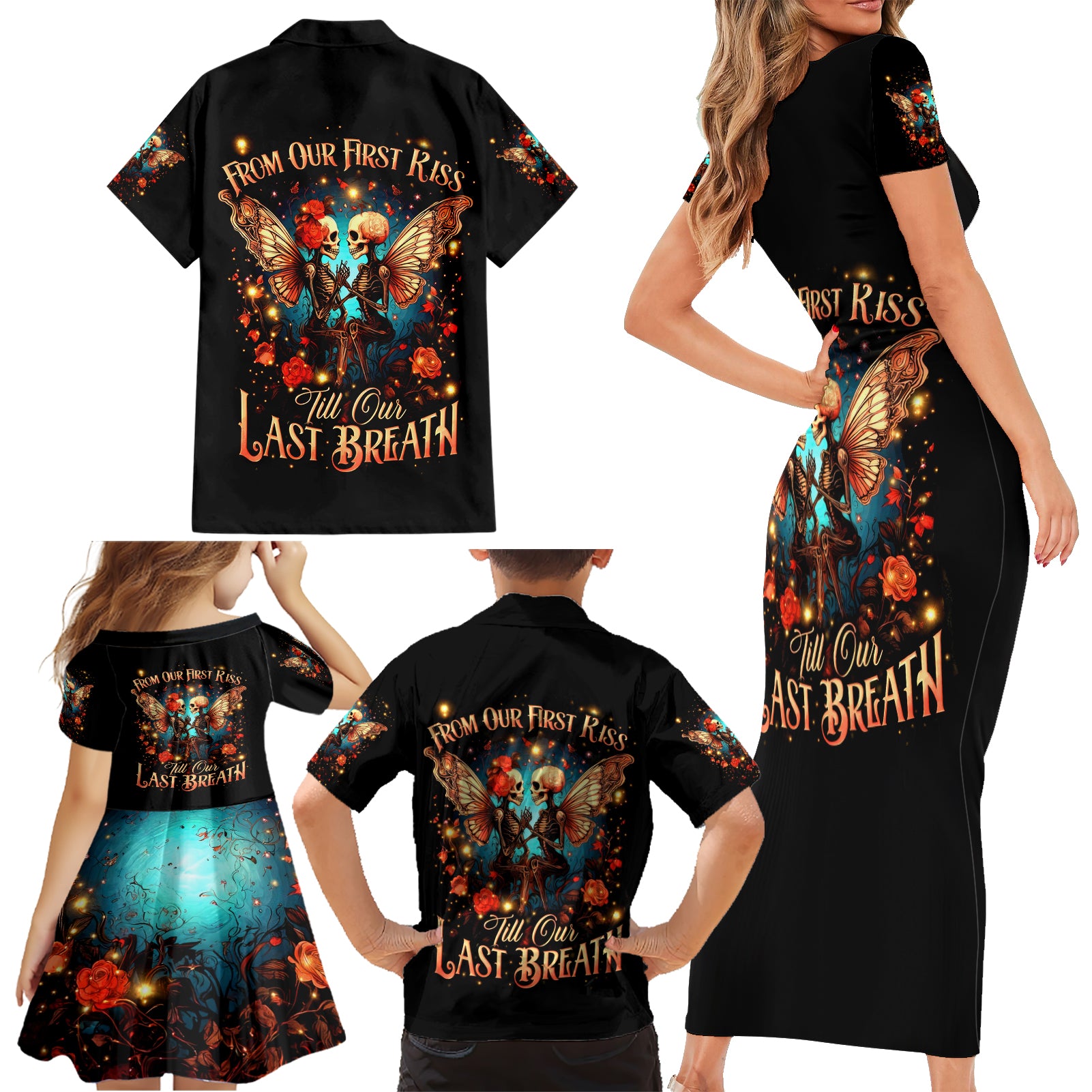 Couple Skull Family Matching Short Sleeve Bodycon Dress and Hawaiian Shirt From Our First Kiss Till Our Last Breath - Wonder Print Shop
