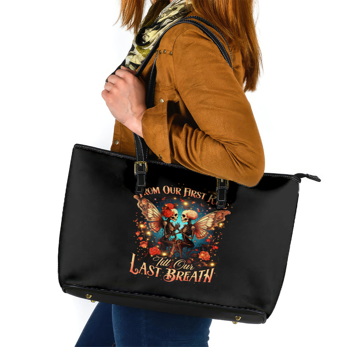 Couple Skull Leather Tote Bag From Our First Kiss Till Our Last Breath - Wonder Print Shop