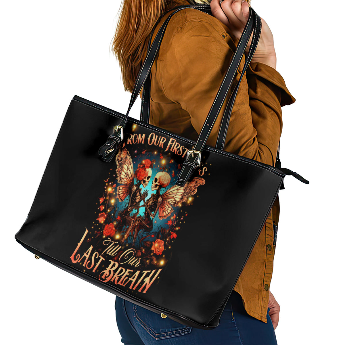 Couple Skull Leather Tote Bag From Our First Kiss Till Our Last Breath - Wonder Print Shop