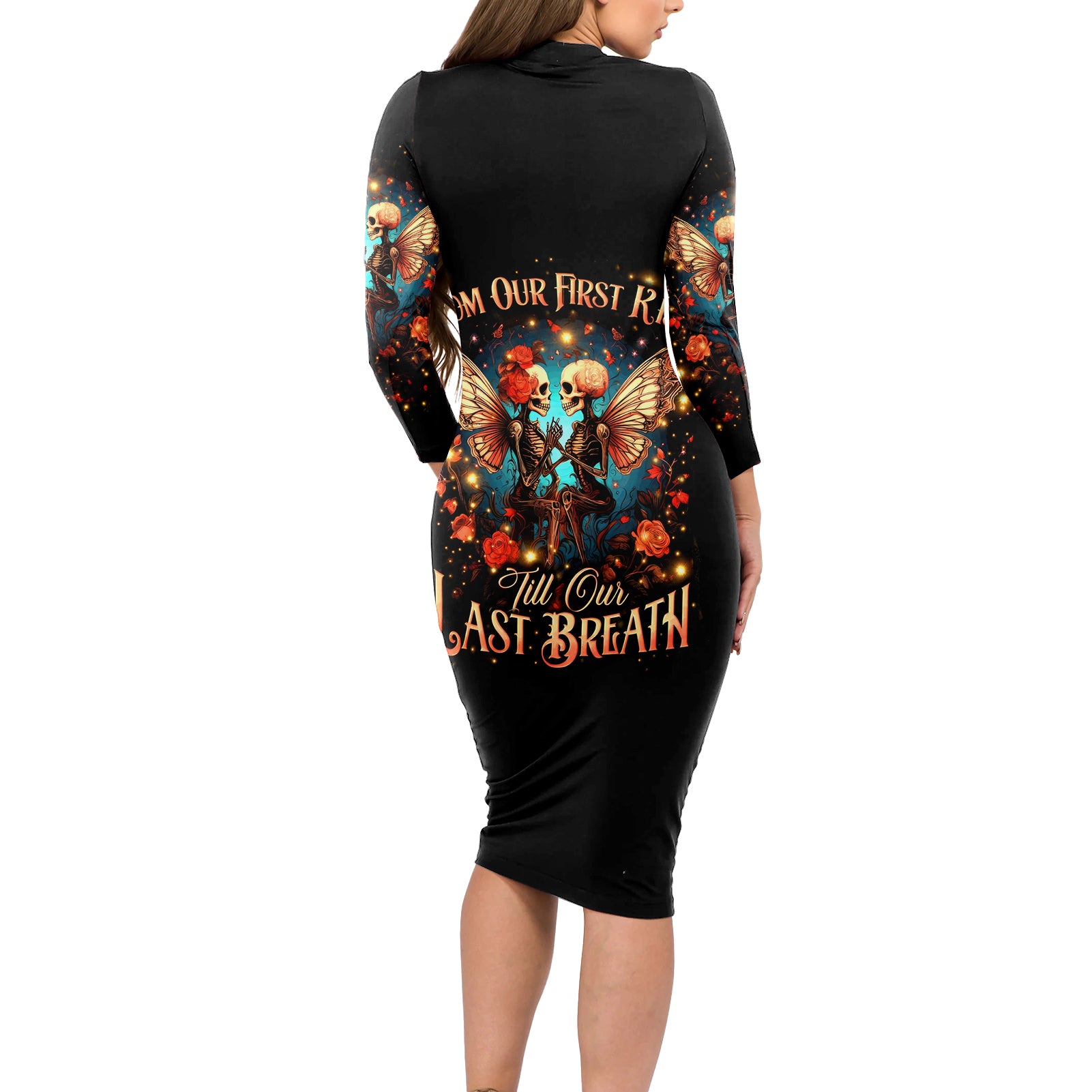 Couple Skull Long Sleeve Bodycon Dress From Our First Kiss Till Our Last Breath - Wonder Print Shop