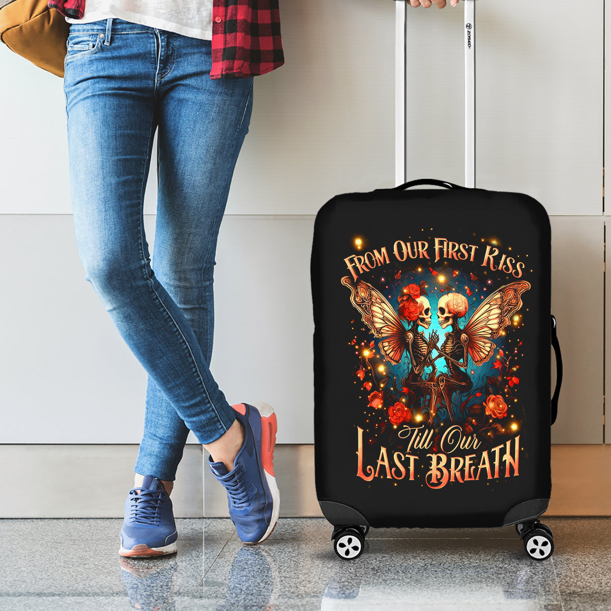 Couple Skull Luggage Cover From Our First Kiss Till Our Last Breath - Wonder Print Shop