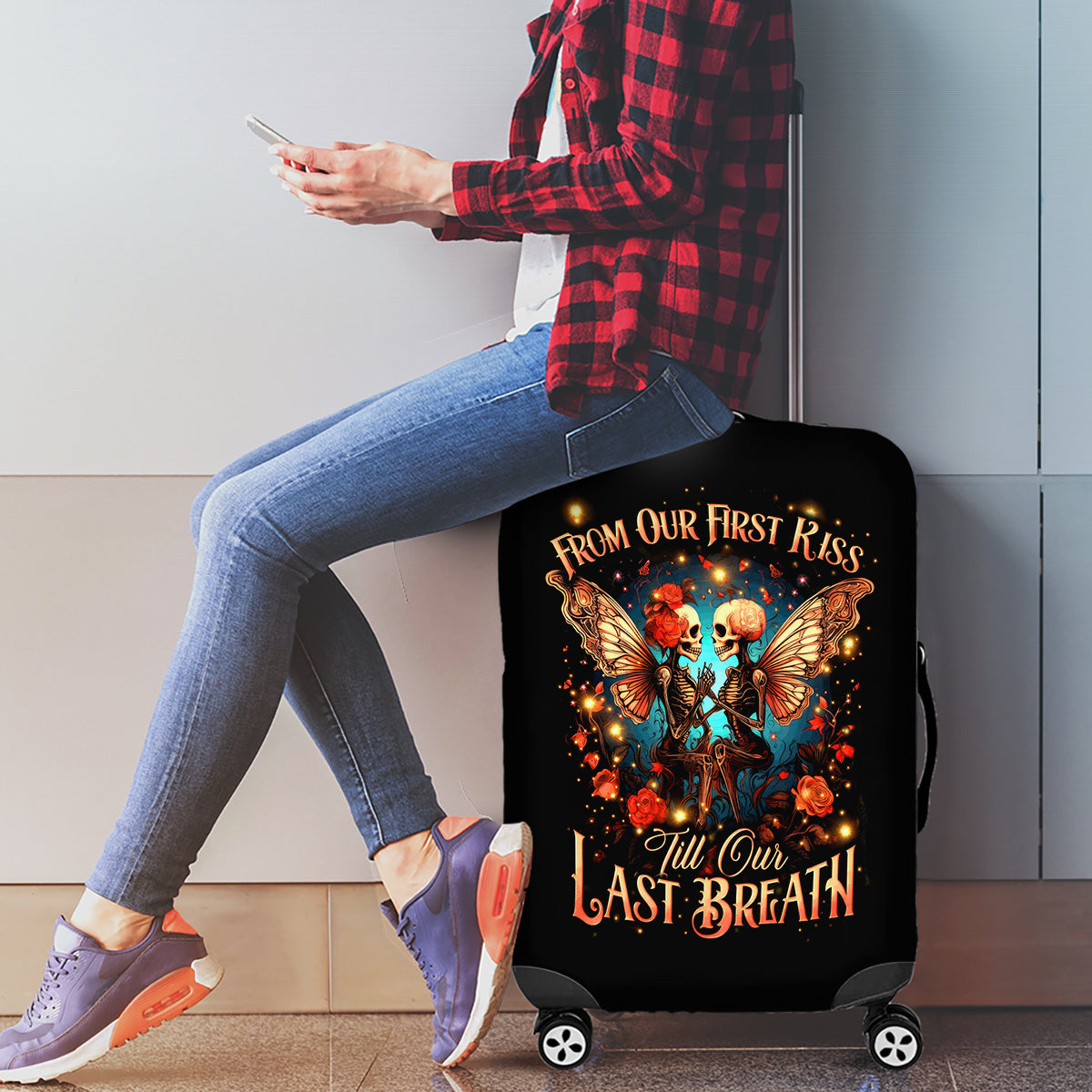 Couple Skull Luggage Cover From Our First Kiss Till Our Last Breath - Wonder Print Shop